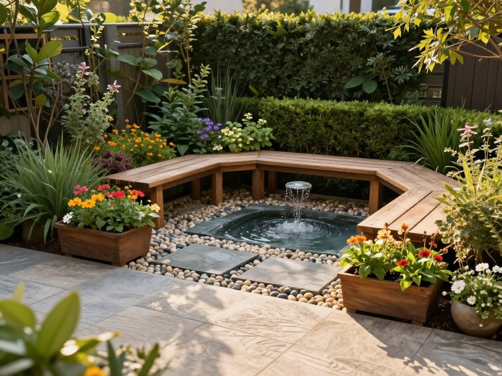 A beautifully designed small patio garden featuring various hardscape elements. In the foreground, a textured stone pathway leads to a quaint seating area made of natural wood, surrounded by planters filled with vibrant flowers and greenery. The middle ground showcases a small water feature, such as a bubbling fountain, framed by carefully arranged slate tiles and decorative pebbles. Lush hedges provide a backdrop, creating a sense of enclosure and tranquility. The background is softened by a variety of climbing plants against a trellis. The scene is illuminated by warm, golden hour lighting, casting gentle shadows and creating a serene, inviting atmosphere. The composition is shot with a slight overhead angle to capture the layout effectively, emphasizing the harmony between hardscape and softscape elements. A beautifully designed small patio garden featuring various hardscape elements. In the foreground, a textured stone pathway leads to a quaint seating area made of natural wood, surrounded by planters filled with vibrant flowers and greenery. The middle ground showcases a small water feature, such as a bubbling fountain, framed by carefully arranged slate tiles and decorative pebbles. Lush hedges provide a backdrop, creating a sense of enclosure and tranquility. The background is softened by a variety of climbing plants against a trellis. The scene is illuminated by warm, golden hour lighting, casting gentle shadows and creating a serene, inviting atmosphere. The composition is shot with a slight overhead angle to capture the layout effectively, emphasizing the harmony between hardscape and softscape elements.