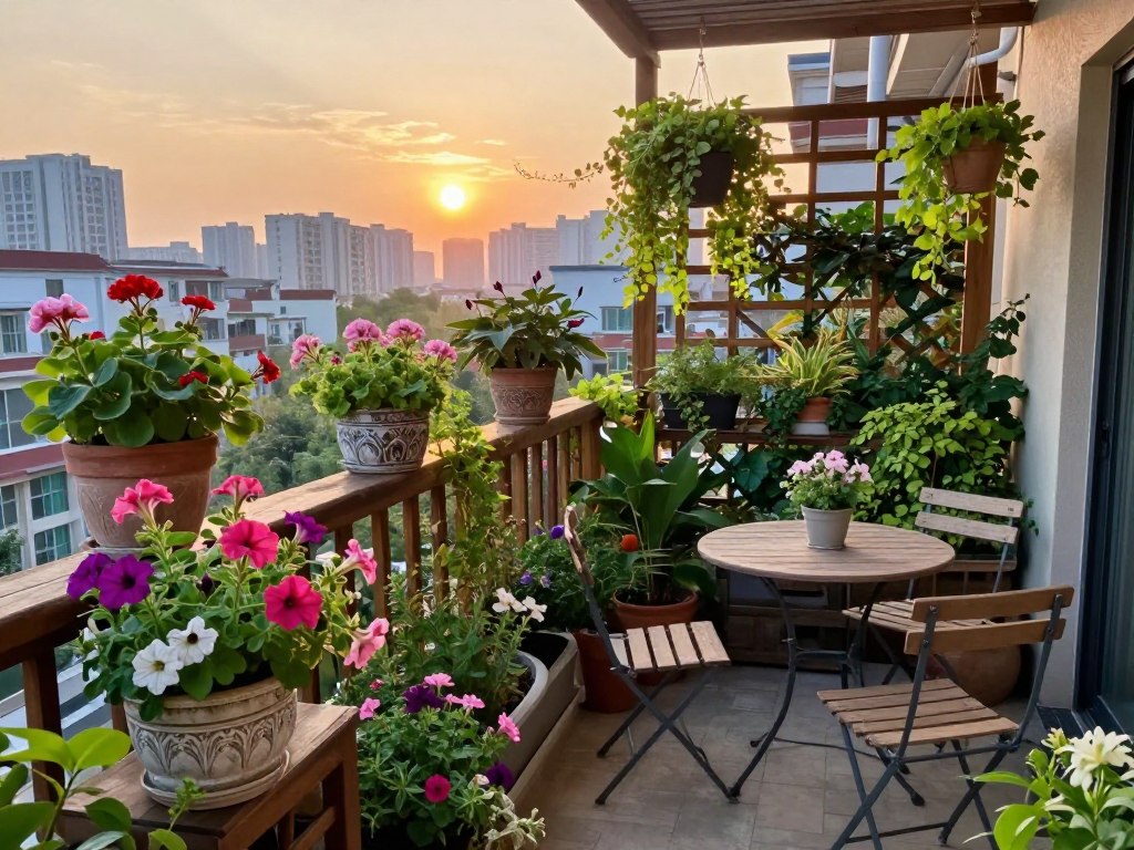 A beautifully designed urban balcony garden, showcasing a variety of lush, green plants in decorative pots of different shapes and sizes. In the foreground, colorful flowering plants like petunias and geraniums spill over the edge of a rustic wooden railing, complemented by a small, inviting bistro table with two chairs. The middle ground features hanging planters filled with cascading vines, while trellises adorned with climbing flowers add depth and texture. The background reveals an urban skyline at sunset, casting a warm, golden light that enhances the tranquil atmosphere. The scene is captured from a slightly elevated angle, evoking a sense of intimacy and personal touch in this peaceful urban oasis. A beautifully designed urban balcony garden, showcasing a variety of lush, green plants in decorative pots of different shapes and sizes. In the foreground, colorful flowering plants like petunias and geraniums spill over the edge of a rustic wooden railing, complemented by a small, inviting bistro table with two chairs. The middle ground features hanging planters filled with cascading vines, while trellises adorned with climbing flowers add depth and texture. The background reveals an urban skyline at sunset, casting a warm, golden light that enhances the tranquil atmosphere. The scene is captured from a slightly elevated angle, evoking a sense of intimacy and personal touch in this peaceful urban oasis.