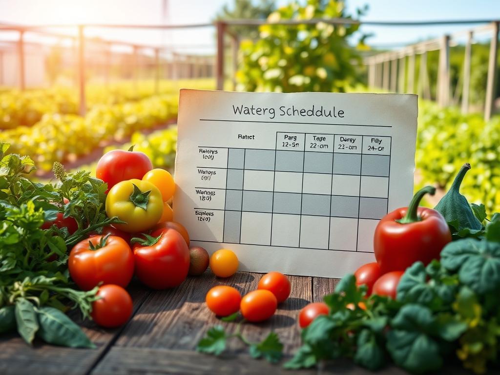 A beautifully organized vegetable garden watering schedule displayed on a rustic wooden table. In the foreground, there are vibrant, freshly harvested vegetables—like tomatoes, bell peppers, and leafy greens—arranged aesthetically. In the middle, a hand-drawn watering schedule on parchment paper features clear sections for different plants, illustrated with simple icons showing watering frequency. The background includes a sunlit garden filled with rows of flourishing vegetables under a clear blue sky. Soft natural lighting creates a warm and inviting atmosphere, emphasizing the fresh produce. Capture this scene from a slightly elevated angle to highlight the tablescape and garden layout, evoking a sense of care and dedication to gardening. A beautifully organized vegetable garden watering schedule displayed on a rustic wooden table. In the foreground, there are vibrant, freshly harvested vegetables—like tomatoes, bell peppers, and leafy greens—arranged aesthetically. In the middle, a hand-drawn watering schedule on parchment paper features clear sections for different plants, illustrated with simple icons showing watering frequency. The background includes a sunlit garden filled with rows of flourishing vegetables under a clear blue sky. Soft natural lighting creates a warm and inviting atmosphere, emphasizing the fresh produce. Capture this scene from a slightly elevated angle to highlight the tablescape and garden layout, evoking a sense of care and dedication to gardening.