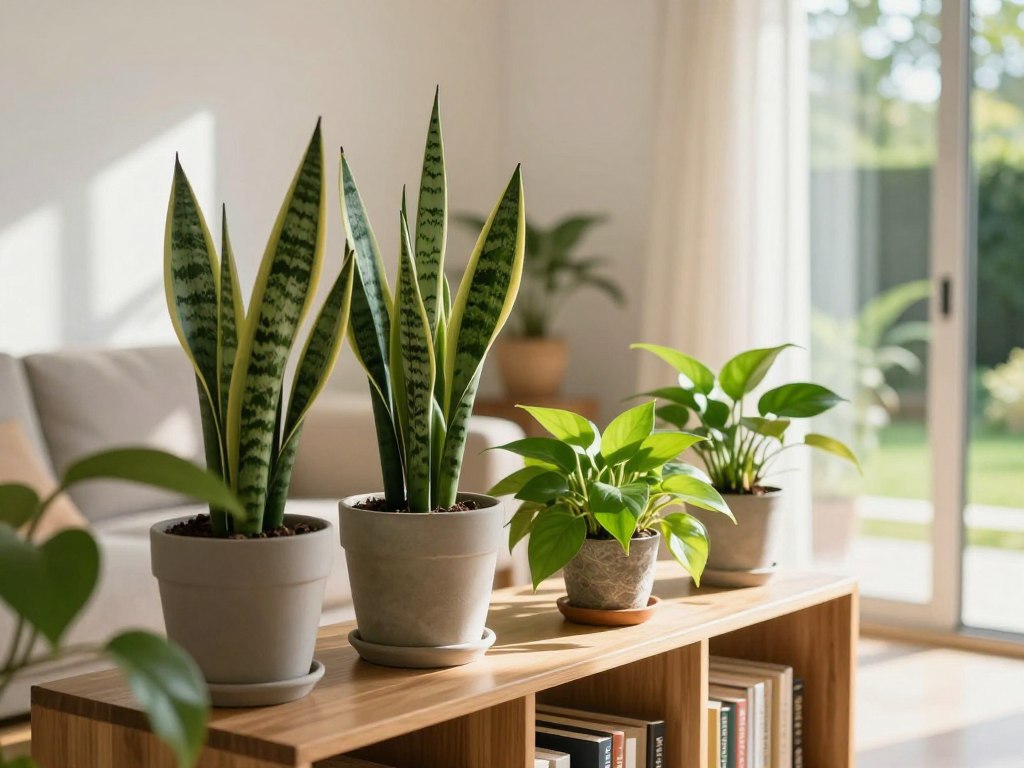 A bright, airy indoor scene showcasing a variety of low-water air-purifying houseplants such as Snake Plant, ZZ Plant, and Pothos, arranged on a modern wooden bookshelf. In the foreground, the vibrant green foliage contrasts against a soft, neutral backdrop. A cozy, well-lit living space can be seen in the middle, with natural light streaming through large windows, casting soft shadows and warmth throughout the room. In the background, a hint of a peaceful garden can be seen through a glass door, enhancing the tranquility of the setting. Use a warm color palette to create an inviting atmosphere, with a shallow depth of field to draw attention to the plants while blurring the background slightly. Natural sunlight should be the primary light source, illuminating the colors of the plants beautifully. A bright, airy indoor scene showcasing a variety of low-water air-purifying houseplants such as Snake Plant, ZZ Plant, and Pothos, arranged on a modern wooden bookshelf. In the foreground, the vibrant green foliage contrasts against a soft, neutral backdrop. A cozy, well-lit living space can be seen in the middle, with natural light streaming through large windows, casting soft shadows and warmth throughout the room. In the background, a hint of a peaceful garden can be seen through a glass door, enhancing the tranquility of the setting. Use a warm color palette to create an inviting atmosphere, with a shallow depth of field to draw attention to the plants while blurring the background slightly. Natural sunlight should be the primary light source, illuminating the colors of the plants beautifully.