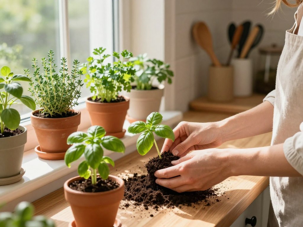 A bright, cozy kitchen environment showcasing proper planting techniques for growing herbs indoors. In the foreground, a person in modest casual clothing is carefully planting small herb seedlings such as basil, parsley, and thyme into terracotta pots filled with rich, dark potting soil. The middle of the image features a well-organized window sill filled with various herbs in different-sized pots, receiving warm, natural sunlight streaming in through the window. In the background, soft-focus kitchen elements like a wooden countertop, green plants, and kitchen utensils create a welcoming atmosphere. The lighting is bright and cheerful, enhancing the fresh greenery of the herbs and the warm tones of the kitchen. The overall mood is nurturing and inspiring, perfect for encouraging indoor gardening enthusiasts. A bright, cozy kitchen environment showcasing proper planting techniques for growing herbs indoors. In the foreground, a person in modest casual clothing is carefully planting small herb seedlings such as basil, parsley, and thyme into terracotta pots filled with rich, dark potting soil. The middle of the image features a well-organized window sill filled with various herbs in different-sized pots, receiving warm, natural sunlight streaming in through the window. In the background, soft-focus kitchen elements like a wooden countertop, green plants, and kitchen utensils create a welcoming atmosphere. The lighting is bright and cheerful, enhancing the fresh greenery of the herbs and the warm tones of the kitchen. The overall mood is nurturing and inspiring, perfect for encouraging indoor gardening enthusiasts.