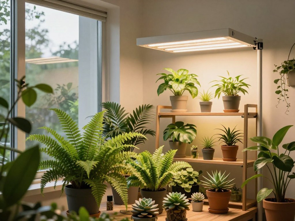 A bright indoor space featuring a well-organized setup of grow lights for nurturing indoor plants near a large window. In the foreground, showcase various thriving houseplants, such as ferns and succulents, basking under the adjustable LED grow lights that illuminate them in soft, warm tones. In the middle, display multiple tiers of plant shelves, each with its own light fixture, casting a gentle glow on the leaves. The background includes a spacious window with filtered sunlight streaming in, creating a harmonious blend of natural and artificial light. The atmosphere should feel cozy and inviting, highlighting the importance of light for plant growth while emphasizing a serene indoor environment. The scene is captured from a slightly elevated angle, accentuating both the plants and the grow light setup. A bright indoor space featuring a well-organized setup of grow lights for nurturing indoor plants near a large window. In the foreground, showcase various thriving houseplants, such as ferns and succulents, basking under the adjustable LED grow lights that illuminate them in soft, warm tones. In the middle, display multiple tiers of plant shelves, each with its own light fixture, casting a gentle glow on the leaves. The background includes a spacious window with filtered sunlight streaming in, creating a harmonious blend of natural and artificial light. The atmosphere should feel cozy and inviting, highlighting the importance of light for plant growth while emphasizing a serene indoor environment. The scene is captured from a slightly elevated angle, accentuating both the plants and the grow light setup.