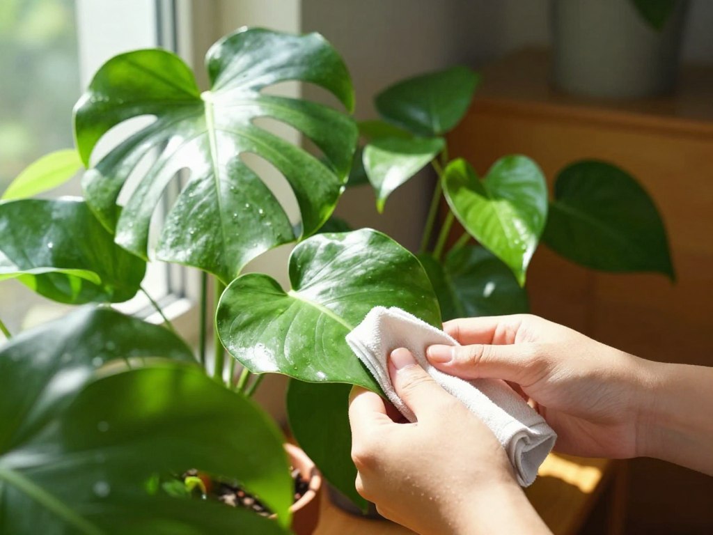 A bright, sunlit indoor space filled with lush green houseplants displaying pristine leaves, emphasizing the importance of leaf cleanliness for plant health. In the foreground, a pair of hands gently wiping the leaves of a large, glossy-leaved plant with a soft cloth, showcasing care and attention. The middle ground features a variety of healthy indoor plants, like a Monstera and a Pothos, with sparkling, clean leaves that reflect light beautifully. The background reveals a warm-toned room with natural light streaming in through a window, casting soft shadows. The atmosphere is serene and inviting, evoking a sense of nurturing and growth in the indoor environment. Use a macro lens effect to highlight the textures of the leaves and the gentle movements of the hands, creating a sense of intimacy and mindfulness. A bright, sunlit indoor space filled with lush green houseplants displaying pristine leaves, emphasizing the importance of leaf cleanliness for plant health. In the foreground, a pair of hands gently wiping the leaves of a large, glossy-leaved plant with a soft cloth, showcasing care and attention. The middle ground features a variety of healthy indoor plants, like a Monstera and a Pothos, with sparkling, clean leaves that reflect light beautifully. The background reveals a warm-toned room with natural light streaming in through a window, casting soft shadows. The atmosphere is serene and inviting, evoking a sense of nurturing and growth in the indoor environment. Use a macro lens effect to highlight the textures of the leaves and the gentle movements of the hands, creating a sense of intimacy and mindfulness.