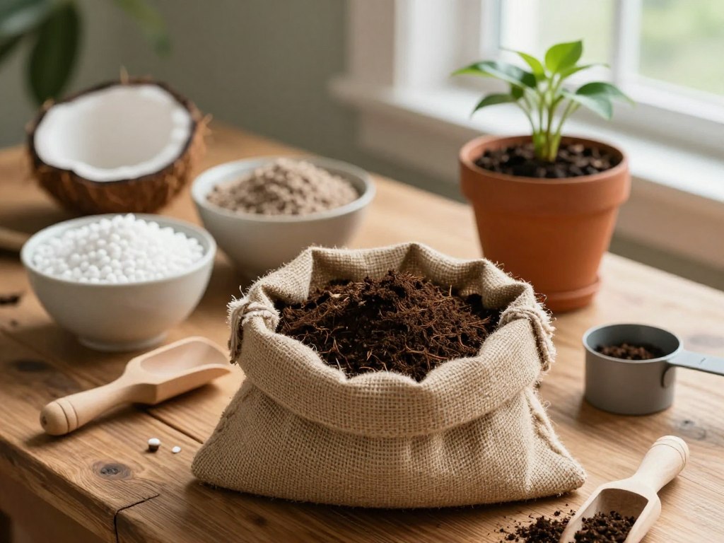 A close-up composition of a DIY potting mix preparation scene. In the foreground, a rustic wooden table holds a handmade burlap sack filled with rich, dark soil, surrounded by small wooden scoops and measuring cups. In the middle ground, there are additional ingredients like perlite, coconut coir, and compost, arranged neatly. A potted plant sits beside the mix, showcasing the potential of the soil. In the background, soft natural light filters through a window, illuminating the scene and casting gentle shadows. The overall atmosphere is warm and inviting, conveying a sense of creativity and nurturing for plant care. The camera angle is slightly elevated, emphasizing the textures and details of the materials. A close-up composition of a DIY potting mix preparation scene. In the foreground, a rustic wooden table holds a handmade burlap sack filled with rich, dark soil, surrounded by small wooden scoops and measuring cups. In the middle ground, there are additional ingredients like perlite, coconut coir, and compost, arranged neatly. A potted plant sits beside the mix, showcasing the potential of the soil. In the background, soft natural light filters through a window, illuminating the scene and casting gentle shadows. The overall atmosphere is warm and inviting, conveying a sense of creativity and nurturing for plant care. The camera angle is slightly elevated, emphasizing the textures and details of the materials.