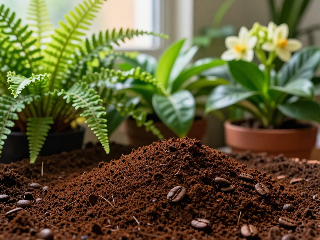 A close-up of rich, dark coffee grounds spread across the soil of vibrant indoor plant pots, such as lush green ferns and flowering plants. In the foreground, focus on the texture of the coffee grounds, showcasing their fine particles and earthy color. The middle ground features healthy plants with glossy leaves, demonstrating the benefits of using coffee as a fertilizer. In the background, softly blurred sunlight streams through a window, casting warm, inviting light over the scene, enhancing the green hues of the plants. The atmosphere is serene and nurturing, reflecting the care and natural approach to indoor gardening. Shot from a slightly elevated angle to capture both the coffee grounds and the dynamic plants, emphasizing a harmonious connection between them. A close-up of rich, dark coffee grounds spread across the soil of vibrant indoor plant pots, such as lush green ferns and flowering plants. In the foreground, focus on the texture of the coffee grounds, showcasing their fine particles and earthy color. The middle ground features healthy plants with glossy leaves, demonstrating the benefits of using coffee as a fertilizer. In the background, softly blurred sunlight streams through a window, casting warm, inviting light over the scene, enhancing the green hues of the plants. The atmosphere is serene and nurturing, reflecting the care and natural approach to indoor gardening. Shot from a slightly elevated angle to capture both the coffee grounds and the dynamic plants, emphasizing a harmonious connection between them.