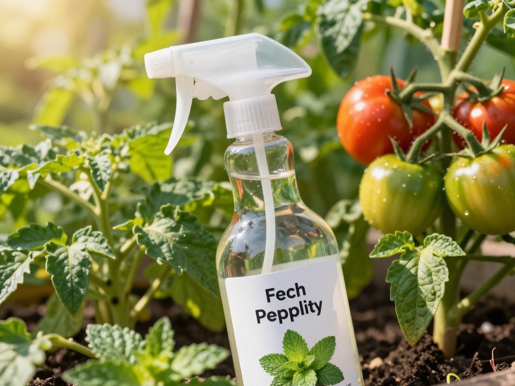 A close-up view of a clear spray bottle filled with a homemade pest repellent, positioned prominently in the foreground. The bottle features a simple label with natural ingredients like garlic and peppermint visible in the background, hinting at their use. Surrounding the bottle, vibrant green vegetable plants like tomatoes and peppers can be seen flourishing, emphasizing natural growth. The lighting is warm and inviting, suggesting a sunny garden atmosphere, with soft shadows cast by the plants. The angle should be slightly tilted to create depth, capturing the essence of a thriving garden environment, while conveying a sense of organic gardening and natural pest control.