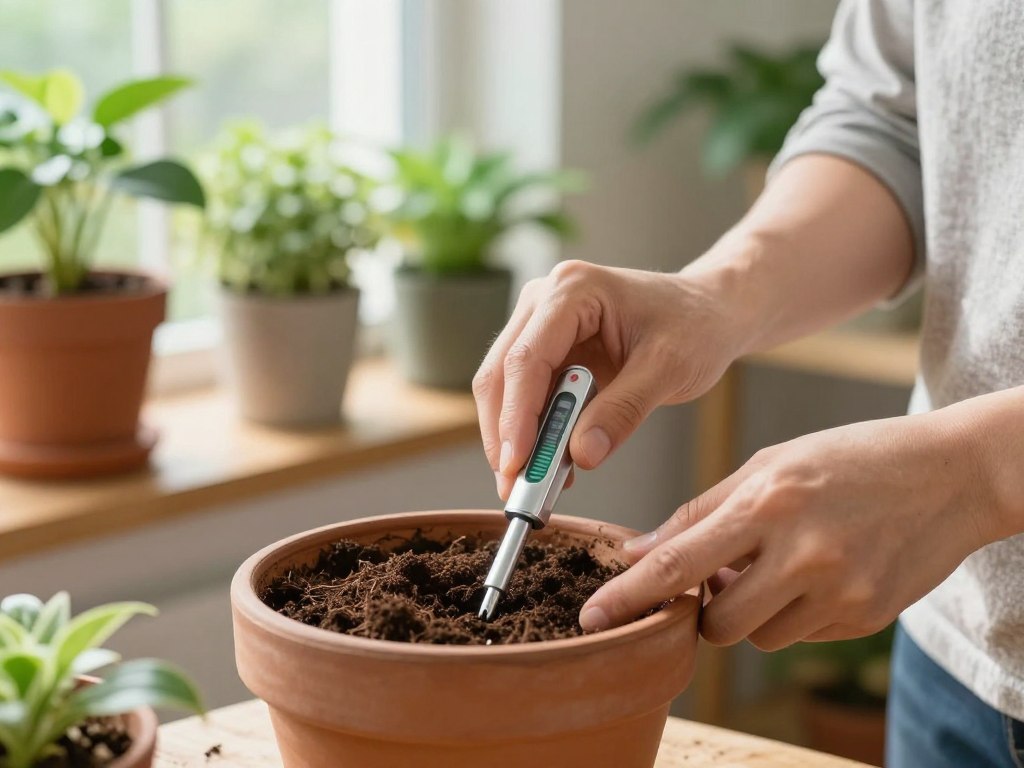 A close-up view of a gardener checking soil moisture in a potted plant, set in a bright, sunlit room. The gardener, wearing modest casual clothing, gently uses a moisture meter inserted into the rich, brown soil of the plant pot. In the background, various healthy green plants can be seen on a wooden shelf, bathed in soft natural light from a nearby window. The focus is sharp on the gardener's hands and the moisture meter, while the background is slightly blurred to create depth. The mood is calm and nurturing, highlighting the importance of plant care and attentiveness. Warm tones enhance the inviting atmosphere, making it evident that this is a space dedicated to plant growth and care. A close-up view of a gardener checking soil moisture in a potted plant, set in a bright, sunlit room. The gardener, wearing modest casual clothing, gently uses a moisture meter inserted into the rich, brown soil of the plant pot. In the background, various healthy green plants can be seen on a wooden shelf, bathed in soft natural light from a nearby window. The focus is sharp on the gardener's hands and the moisture meter, while the background is slightly blurred to create depth. The mood is calm and nurturing, highlighting the importance of plant care and attentiveness. Warm tones enhance the inviting atmosphere, making it evident that this is a space dedicated to plant growth and care.