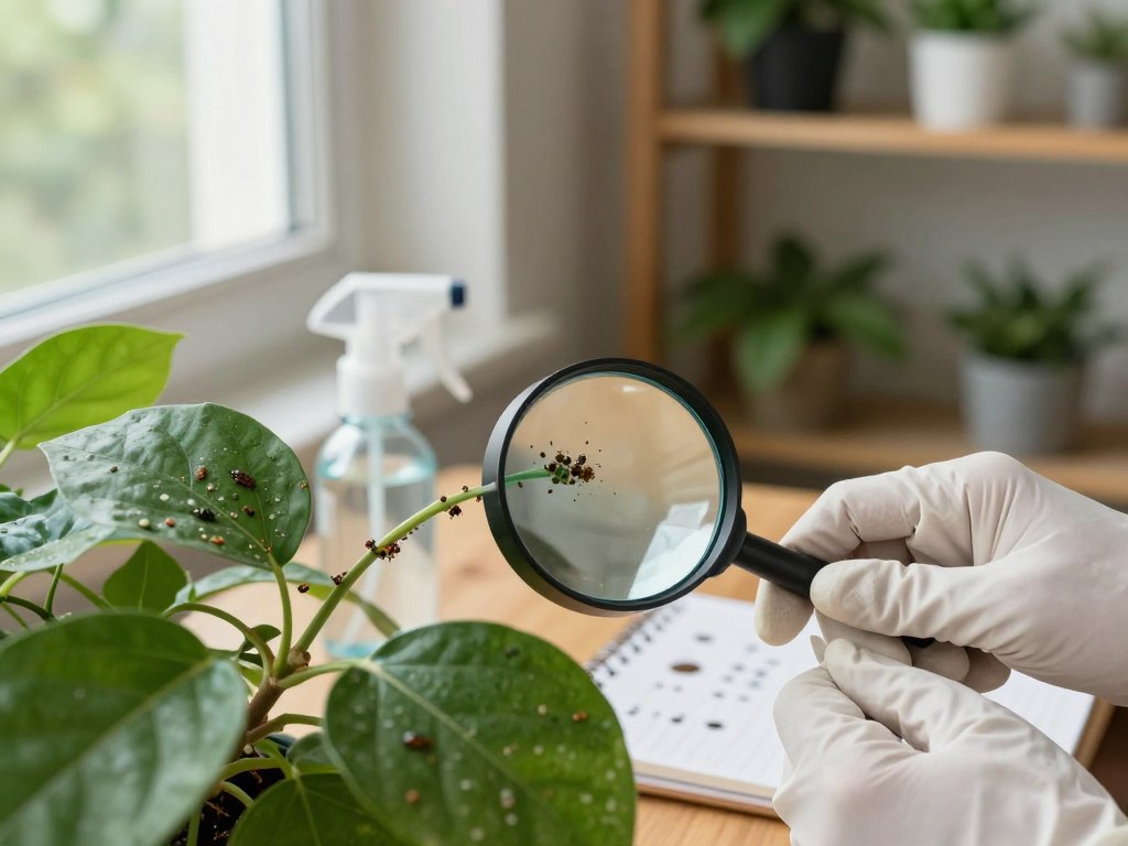 A close-up view of a healthy indoor plant with detailed examination of common pests such as aphids, spider mites, and mealybugs on the leaves and stems. The foreground features a magnifying glass highlighting a cluster of pests, with a pair of gloved hands gently inspecting the plant. In the middle background, various tools like a small spray bottle and a notepad for pest identification are visible. Soft, diffused natural lighting streams in from a nearby window, creating a calm atmosphere. The background shows a cozy indoor setting with shelves of diverse houseplants, enhancing the focus on plant care and health restoration. The scene conveys a sense of meticulous care and observation, perfect for identifying and addressing plant health issues. A close-up view of a healthy indoor plant with detailed examination of common pests such as aphids, spider mites, and mealybugs on the leaves and stems. The foreground features a magnifying glass highlighting a cluster of pests, with a pair of gloved hands gently inspecting the plant. In the middle background, various tools like a small spray bottle and a notepad for pest identification are visible. Soft, diffused natural lighting streams in from a nearby window, creating a calm atmosphere. The background shows a cozy indoor setting with shelves of diverse houseplants, enhancing the focus on plant care and health restoration. The scene conveys a sense of meticulous care and observation, perfect for identifying and addressing plant health issues.