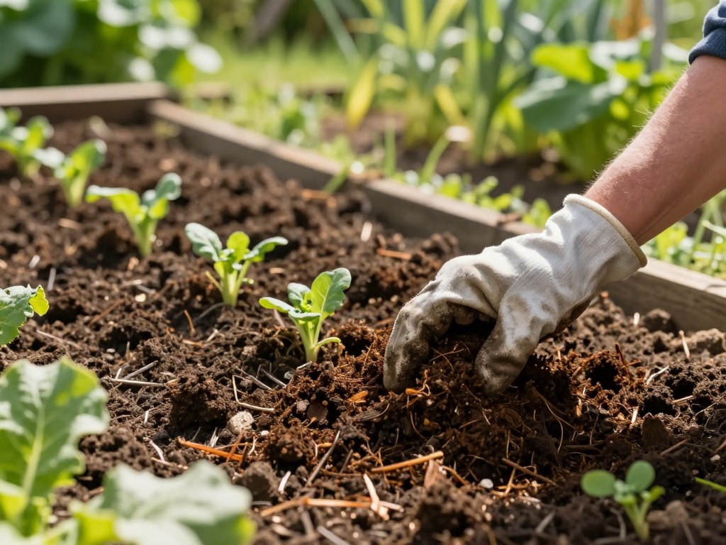 A close-up view of a rich, dark compost pile being spread into a vegetable bed, showcasing vibrant soil teeming with nutrients. In the foreground, focus on the hand of a gardener, wearing modest casual gloves, gently mixing the compost into the soil, illustrating a hands-on approach to enhancing nutrients. In the middle ground, the freshly turned soil displays earthy tones and flecks of organic matter, while young vegetable seedlings peek through, symbolizing growth and vitality. The background features a lush garden with greenery under soft, natural sunlight, casting gentle shadows that evoke a serene atmosphere. The scene captures the essence of nurturing the earth, conveying a sense of harmony and sustainability in gardening practices. A close-up view of a rich, dark compost pile being spread into a vegetable bed, showcasing vibrant soil teeming with nutrients. In the foreground, focus on the hand of a gardener, wearing modest casual gloves, gently mixing the compost into the soil, illustrating a hands-on approach to enhancing nutrients. In the middle ground, the freshly turned soil displays earthy tones and flecks of organic matter, while young vegetable seedlings peek through, symbolizing growth and vitality. The background features a lush garden with greenery under soft, natural sunlight, casting gentle shadows that evoke a serene atmosphere. The scene captures the essence of nurturing the earth, conveying a sense of harmony and sustainability in gardening practices.