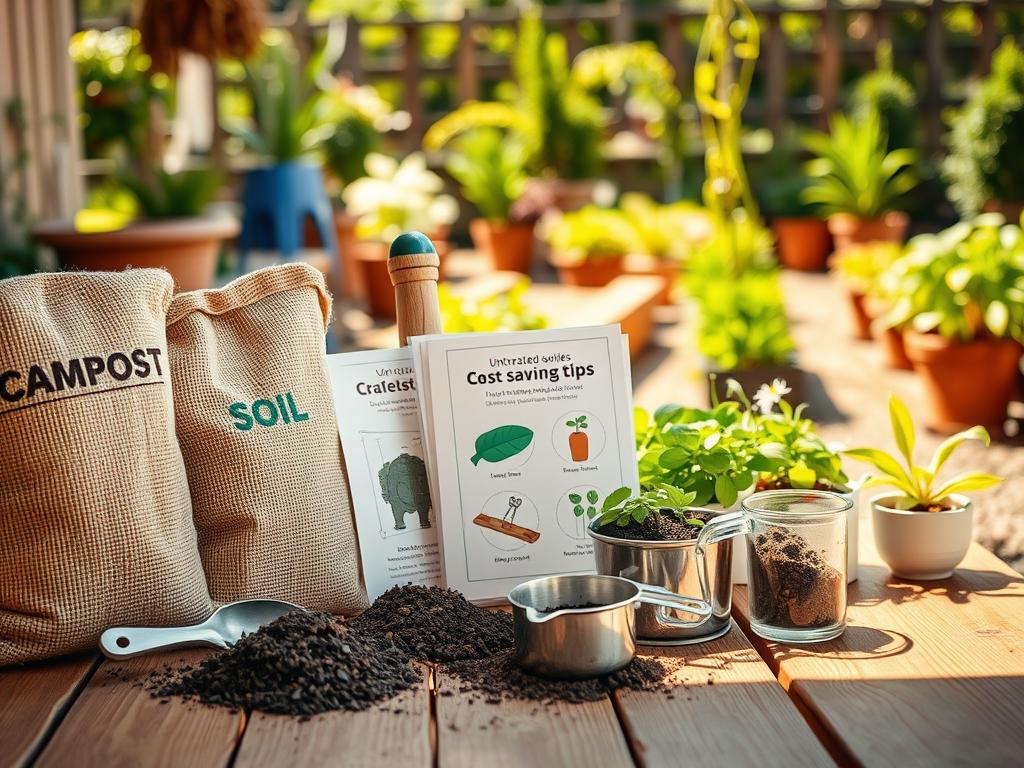 A close-up view of a rustic wooden table displaying various gardening supplies in an organized, inviting manner. In the foreground, there are several burlap sacks labeled with different types of soil and compost, alongside a small hand trowel and a measuring cup filled with organic amendments. The middle ground features illustrated guides on cost-saving tips, with natural textures of untreated wood and vibrant greenery peeking in. In the background, a sunny garden scene unfolds, showcasing thriving plants in pots and garden beds, conveying a sense of lushness and growth. The lighting is warm and natural, creating a cheerful atmosphere, with soft shadows enhancing the details. Use a slight depth of field to emphasize the supplies while softly blurring the background, giving a professional, yet relatable feel to the image. A close-up view of a rustic wooden table displaying various gardening supplies in an organized, inviting manner. In the foreground, there are several burlap sacks labeled with different types of soil and compost, alongside a small hand trowel and a measuring cup filled with organic amendments. The middle ground features illustrated guides on cost-saving tips, with natural textures of untreated wood and vibrant greenery peeking in. In the background, a sunny garden scene unfolds, showcasing thriving plants in pots and garden beds, conveying a sense of lushness and growth. The lighting is warm and natural, creating a cheerful atmosphere, with soft shadows enhancing the details. Use a slight depth of field to emphasize the supplies while softly blurring the background, giving a professional, yet relatable feel to the image.