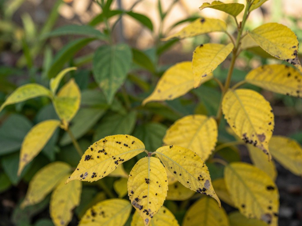 A close-up view of a variety of plants showing signs of a pest infestation, with visible yellowing leaves that indicate distress. In the foreground, focus on a couple of affected leaves, with intricate details highlighting the pests, such as tiny aphids or spider mites. In the middle ground, display a mix of healthy and yellowing leaves on different plants, creating a stark contrast. The background should feature a blurred garden setting with dappled sunlight filtering through, enhancing the focus on the infested plants. The lighting should be soft, with a warm golden hue, evoking a late afternoon ambiance. The overall mood is one of concern for plant health, illustrating the impact of pests on foliage visibly. A close-up view of a variety of plants showing signs of a pest infestation, with visible yellowing leaves that indicate distress. In the foreground, focus on a couple of affected leaves, with intricate details highlighting the pests, such as tiny aphids or spider mites. In the middle ground, display a mix of healthy and yellowing leaves on different plants, creating a stark contrast. The background should feature a blurred garden setting with dappled sunlight filtering through, enhancing the focus on the infested plants. The lighting should be soft, with a warm golden hue, evoking a late afternoon ambiance. The overall mood is one of concern for plant health, illustrating the impact of pests on foliage visibly.