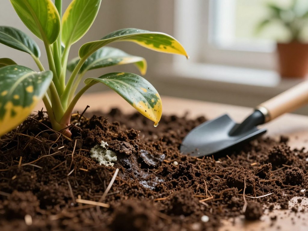 A close-up view of an indoor plant's soil, illustrating common care mistakes. In the foreground, display a potted plant with visibly poor soil, showing areas of crusting and compaction. Include signs of overwatering, like yellowing leaves and mold growth. In the middle ground, position a small gardening tool, such as a trowel, emphasizing the need for proper soil aeration and drainage. The background should feature a softly blurred indoor setting with a window allowing natural light to filter in, creating a calm and inviting atmosphere. Use warm, diffuse lighting to highlight the textures of the soil and plant. Capture the scene with a macro lens to focus on the intricate details, conveying an educational yet caring mood regarding indoor plant maintenance. A close-up view of an indoor plant's soil, illustrating common care mistakes. In the foreground, display a potted plant with visibly poor soil, showing areas of crusting and compaction. Include signs of overwatering, like yellowing leaves and mold growth. In the middle ground, position a small gardening tool, such as a trowel, emphasizing the need for proper soil aeration and drainage. The background should feature a softly blurred indoor setting with a window allowing natural light to filter in, creating a calm and inviting atmosphere. Use warm, diffuse lighting to highlight the textures of the soil and plant. Capture the scene with a macro lens to focus on the intricate details, conveying an educational yet caring mood regarding indoor plant maintenance.
