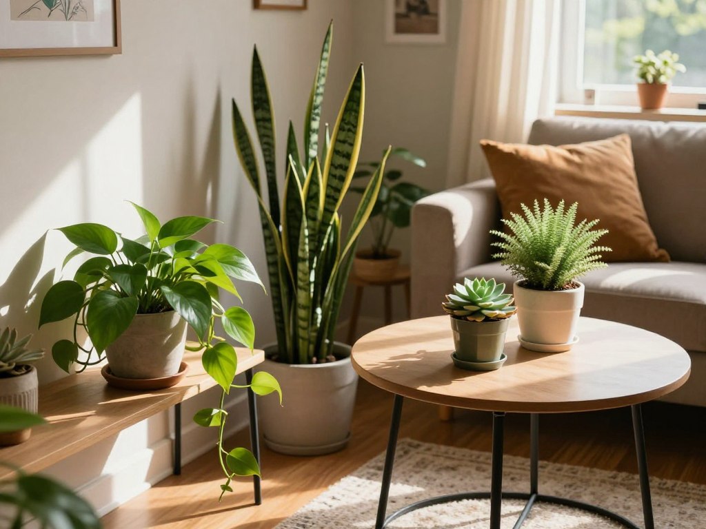 A cozy apartment interior showcasing an array of easy-care houseplants perfect for small spaces. In the foreground, a vibrant Pothos plant cascades over a stylish shelf, while a charming Snake Plant stands tall beside it. The middle section features a round coffee table adorned with a small succulent arrangement and a lovely ZZ Plant, with sunlight filtering in through a nearby window, casting soft shadows. In the background, hints of warm, inviting decor create a peaceful atmosphere, balanced with earthy tones and textures. The lighting is warm and natural, enhancing the tranquil mood of the scene. Capture this serene environment from a slightly elevated angle to emphasize the lush greenery amidst the compact living space.