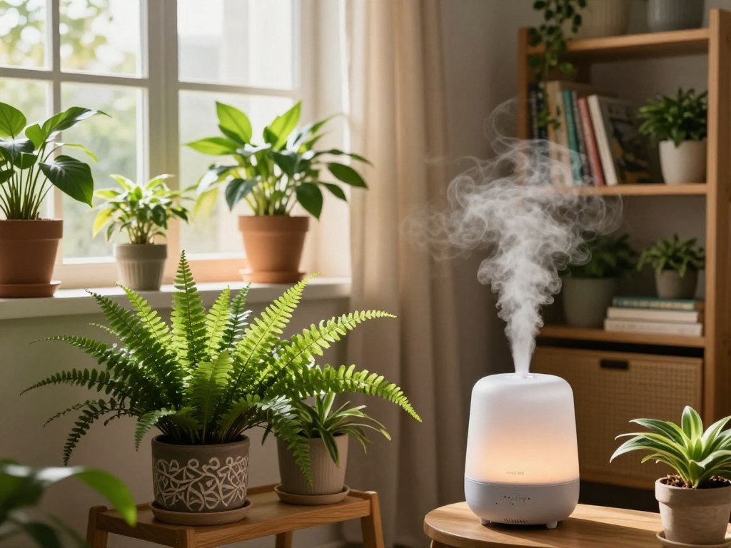 A cozy indoor gardening scene emphasizing increased humidity for plant health during winter. In the foreground, vibrant green houseplants, such as ferns and peace lilies, thrive in decorative pots placed on a wooden plant stand. The humidity is visually represented by gentle mist rising from a small humidifier, creating a fresh atmosphere. In the middle, a sunlit window with sheer curtains lets in warm natural light, casting soft shadows. On the windowsill, additional plants bask in the light, highlighting their lush foliage. The background features warm wooden shelving filled with gardening books and smaller plants. The overall mood is serene and nurturing, echoing the essence of an inviting indoor garden. Use a wide-angle shot with soft, warm lighting to enhance the cozy atmosphere.
