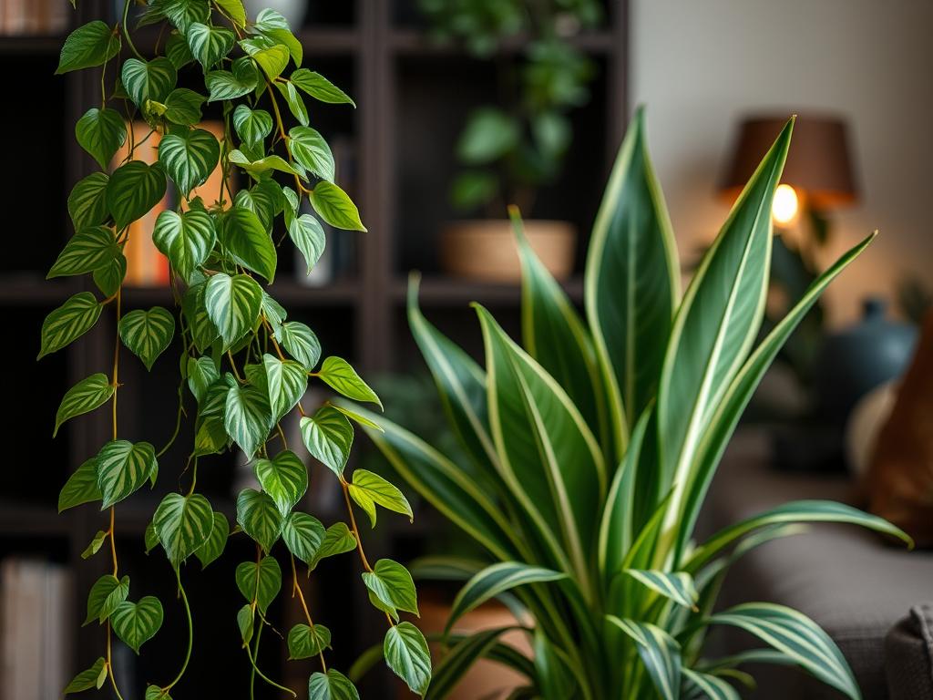 A cozy indoor setting showcasing a variety of fast-growing plants ideal for low-light conditions. In the foreground, prominently feature a lush pothos plant with trailing vines, vibrant green leaves, and variegation. Next, display a compact snake plant with erect, sword-like leaves showcasing dark green with pale striping. In the middle ground, include a rubber plant with broad, glossy leaves. The background should have soft-focus elements like a dark wooden bookshelf and a warm, ambient glow emanating from a small lamp. Use low lighting to create a tranquil, nurturing atmosphere, emphasizing the plants’ resilience in dim environments. The composition should evoke a sense of peace and natural beauty, perfect for an indoor space.