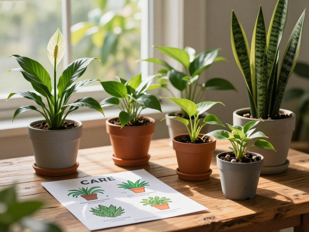 A cozy indoor space featuring a variety of simple houseplants suited for beginners, such as a peace lily, pothos, and snake plant, arranged on a rustic wooden table. In the foreground, focus on a care guide with colorful illustrations of each plant, highlighting essential care tips like watering frequency, light requirements, and humidity needs. The middle ground showcases the plants in different pots, with soil and pebbles visible, conveying a sense of nurturing. In the background, softly blurred green leaves peeking from a sunny window, adding warmth and inviting light. The mood is calm and inspiring, evoking a sense of tranquility and growth. The lighting is natural and warm, simulating a late afternoon sun, creating gentle shadows and enhancing the greenery. A cozy indoor space featuring a variety of simple houseplants suited for beginners, such as a peace lily, pothos, and snake plant, arranged on a rustic wooden table. In the foreground, focus on a care guide with colorful illustrations of each plant, highlighting essential care tips like watering frequency, light requirements, and humidity needs. The middle ground showcases the plants in different pots, with soil and pebbles visible, conveying a sense of nurturing. In the background, softly blurred green leaves peeking from a sunny window, adding warmth and inviting light. The mood is calm and inspiring, evoking a sense of tranquility and growth. The lighting is natural and warm, simulating a late afternoon sun, creating gentle shadows and enhancing the greenery.