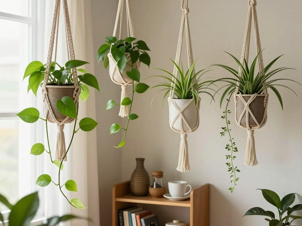 A cozy indoor space illuminated by soft, natural light streaming through a window. In the foreground, several easy-care trailing plants such as Pothos and Spider Plants hang elegantly in simple, modern macramé planters. The lush green leaves cascade down, creating a vibrant contrast against a light-colored wall. In the middle ground, a small bookshelf with a few decorative items and a coffee mug adds a touch of personality to the scene. The background showcases a hint of the window with sheer curtains, allowing for a gentle ambiance. The overall atmosphere feels warm and inviting, perfect for illustrating beginner-friendly indoor gardening in small spaces. The composition captures a sense of tranquility and simplicity in plant care.