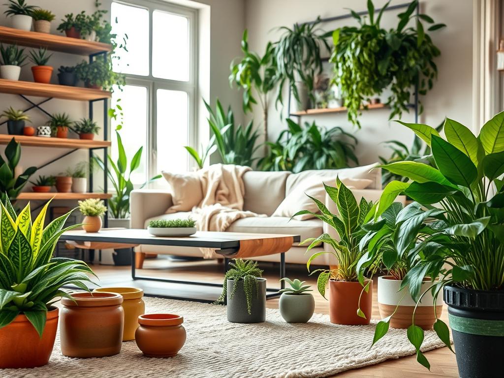 A cozy living room scene featuring a variety of low maintenance indoor plants, such as succulents, snake plants, and pothos, elegantly arranged on rustic wooden shelves and a modern coffee table. In the foreground, a few colorful ceramic pots are placed among a soft, textured rug. The middle ground reveals a comfortable, inviting sofa draped with a light blanket, surrounded by lively greenery. In the background, a large window lets in warm, natural light, enhancing the fresh, vibrant atmosphere. The mood is serene and uplifting, perfect for showcasing a home adorned with plants. The camera angle is slightly elevated, capturing the layering of plants and decor elements efficiently, with a soft focus on the background to emphasize the plants. A cozy living room scene featuring a variety of low maintenance indoor plants, such as succulents, snake plants, and pothos, elegantly arranged on rustic wooden shelves and a modern coffee table. In the foreground, a few colorful ceramic pots are placed among a soft, textured rug. The middle ground reveals a comfortable, inviting sofa draped with a light blanket, surrounded by lively greenery. In the background, a large window lets in warm, natural light, enhancing the fresh, vibrant atmosphere. The mood is serene and uplifting, perfect for showcasing a home adorned with plants. The camera angle is slightly elevated, capturing the layering of plants and decor elements efficiently, with a soft focus on the background to emphasize the plants.