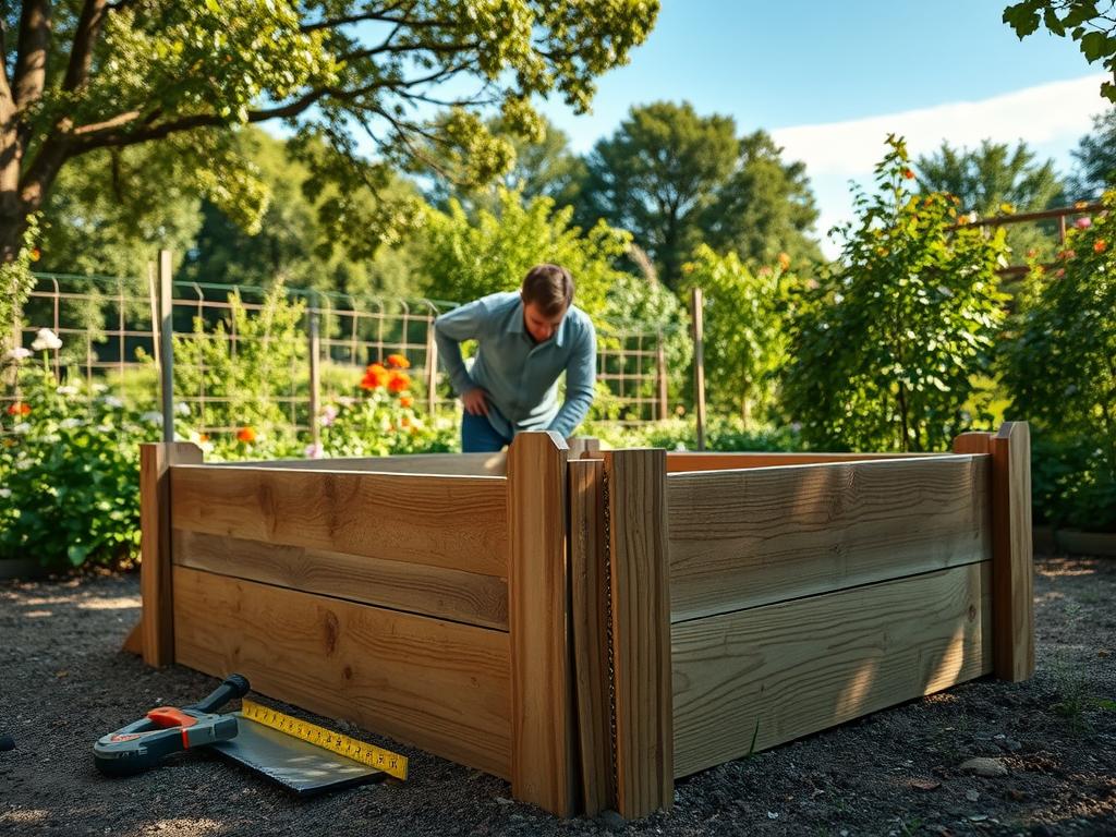 A detailed and inviting scene depicting the construction of a raised garden bed. In the foreground, a wooden frame is being assembled with sturdy planks, showcasing a mix of natural tones and textures. Tools like a saw, hammer, and measuring tape are neatly arranged beside the frame. In the middle, a person in modest casual clothing is focused on securing the corners, demonstrating careful craftsmanship. The background features a lush garden filled with greenery, flowers, and a clear blue sky, creating a serene and productive atmosphere. Soft sunlight filters through the trees, casting gentle shadows and highlighting the earthy colors. The angle should be slightly elevated, capturing the depth of the garden bed construction process while maintaining an inviting feel.