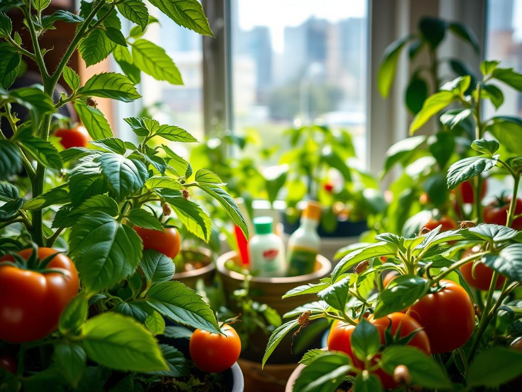A detailed and vibrant depiction of indoor garden pests in a cozy indoor vegetable garden setting. In the foreground, focus on common pests like aphids, spider mites, and mealybugs crawling on lush green leaves of tomato, basil, and pepper plants. The middle ground features a small container with insect traps and natural pest control products, emphasizing management techniques. In the background, soft light filters through a large window, casting a warm glow on the plants while hints of urban living can be seen outside. Use a macro lens effect to capture intricate details of the pests, conveying a sense of urgency in pest management. The mood is educational yet slightly alarming, highlighting the challenges of pest management in indoor gardening. A detailed and vibrant depiction of indoor garden pests in a cozy indoor vegetable garden setting. In the foreground, focus on common pests like aphids, spider mites, and mealybugs crawling on lush green leaves of tomato, basil, and pepper plants. The middle ground features a small container with insect traps and natural pest control products, emphasizing management techniques. In the background, soft light filters through a large window, casting a warm glow on the plants while hints of urban living can be seen outside. Use a macro lens effect to capture intricate details of the pests, conveying a sense of urgency in pest management. The mood is educational yet slightly alarming, highlighting the challenges of pest management in indoor gardening.