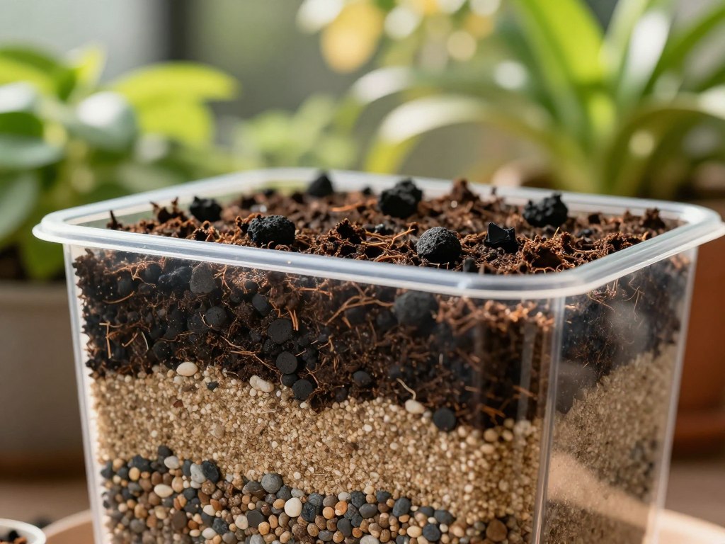 A detailed close-up view of a plant pot showcasing multiple drainage layers. In the foreground, highlight layers of small gravel, coarse sand, and activated charcoal stacked strategically within a transparent pot. The middle layer should feature healthy soil, demonstrating proper drainage techniques. In the background, a blurred garden setting provides context, filled with vibrant greenery and soft sunlight filtering through leaves. The lighting is warm, creating an inviting atmosphere that suggests growth and vitality. The angle is slightly tilted, focusing on the pot while maintaining a natural perspective. Aim for an educational yet aesthetically pleasing composition that emphasizes the importance of effective drainage in potted plants.