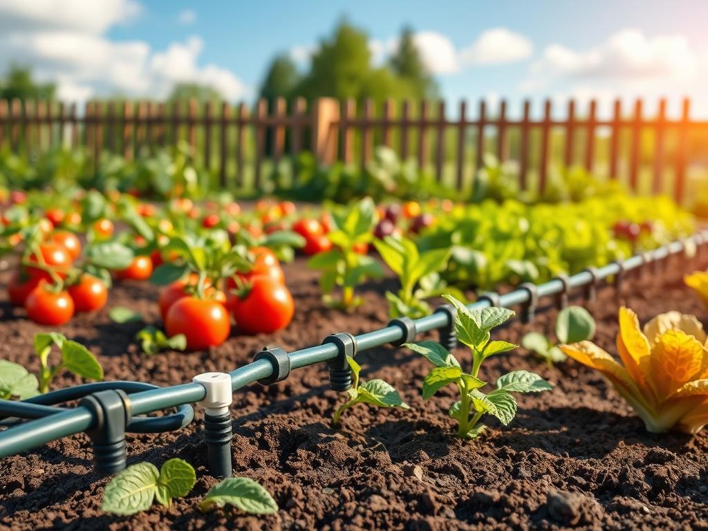 A detailed depiction of a drip irrigation setup in a vibrant vegetable garden, showcasing a variety of plants like tomatoes, peppers, and lettuce. In the foreground, the drip irrigation hoses snake through the soil, with small emitters releasing water directly at the plant roots. The middle ground features healthy, lush vegetable plants thriving in rows, with sunlight filtering through light clouds, casting soft shadows. In the background, a wooden fence surrounds the garden, with greenery and a clear blue sky above, creating a serene atmosphere. The image captures the essence of a well-maintained garden, highlighting the efficiency and effectiveness of the drip irrigation system. Use natural, warm lighting to enhance the colors of the vegetables and the soil, with a focus on a slightly elevated angle to provide depth. A detailed depiction of a drip irrigation setup in a vibrant vegetable garden, showcasing a variety of plants like tomatoes, peppers, and lettuce. In the foreground, the drip irrigation hoses snake through the soil, with small emitters releasing water directly at the plant roots. The middle ground features healthy, lush vegetable plants thriving in rows, with sunlight filtering through light clouds, casting soft shadows. In the background, a wooden fence surrounds the garden, with greenery and a clear blue sky above, creating a serene atmosphere. The image captures the essence of a well-maintained garden, highlighting the efficiency and effectiveness of the drip irrigation system. Use natural, warm lighting to enhance the colors of the vegetables and the soil, with a focus on a slightly elevated angle to provide depth.