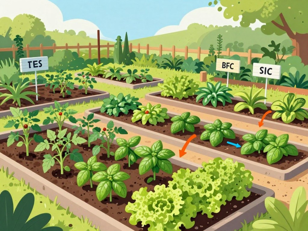 A detailed illustration of a gardening layout showcasing rookie mistakes in plant spacing and placement. In the foreground, depict a diverse vegetable garden with poorly spaced tomato plants, overcrowded basil, and lettuce clusters, showcasing confusion about plant growth patterns. The middle ground should feature labeled zones indicating optimal spacing and placement for each plant type, using arrows and visual guides for clarity. In the background, a sunny garden scene conveys a warm, inviting atmosphere, with a blue sky and distant trees. Soft natural lighting enhances the vibrant colors of the plants. The angle should be a slightly elevated perspective, giving a comprehensive view of the entire garden layout, free from any text or markings. A detailed illustration of a gardening layout showcasing rookie mistakes in plant spacing and placement. In the foreground, depict a diverse vegetable garden with poorly spaced tomato plants, overcrowded basil, and lettuce clusters, showcasing confusion about plant growth patterns. The middle ground should feature labeled zones indicating optimal spacing and placement for each plant type, using arrows and visual guides for clarity. In the background, a sunny garden scene conveys a warm, inviting atmosphere, with a blue sky and distant trees. Soft natural lighting enhances the vibrant colors of the plants. The angle should be a slightly elevated perspective, giving a comprehensive view of the entire garden layout, free from any text or markings.