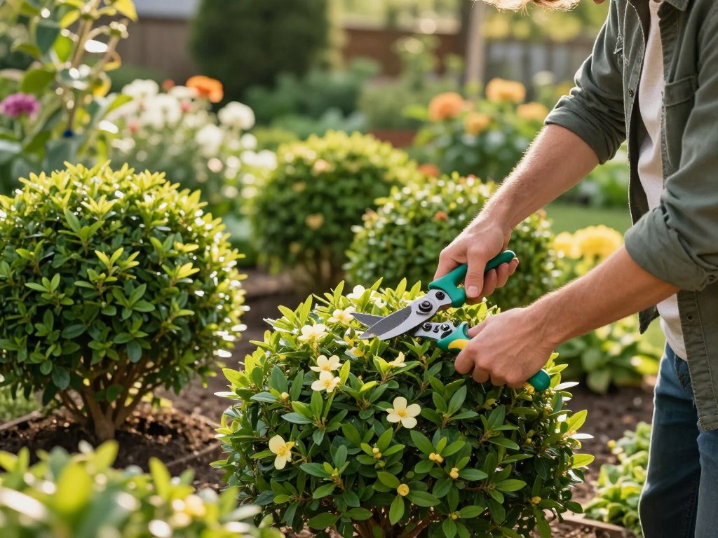 A detailed step-by-step guide to pruning shrubs, showcased in a lush garden setting. In the foreground, a skilled gardener wearing professional casual attire demonstrates the pruning process, holding pruning shears and shaping a flowering shrub. The middle ground features various types of shrubs with different growth patterns, some having been pruned and others still unshaped, creating a clear contrast. The background reveals a sunlit garden with blooming flowers and green foliage, conveying a serene and productive atmosphere. The image captures a warm, inviting light with soft shadows, suggesting a late afternoon. The angle focuses on the gardener's actions, emphasizing technique and care in plant maintenance, while maintaining a tranquil and educational mood. A detailed step-by-step guide to pruning shrubs, showcased in a lush garden setting. In the foreground, a skilled gardener wearing professional casual attire demonstrates the pruning process, holding pruning shears and shaping a flowering shrub. The middle ground features various types of shrubs with different growth patterns, some having been pruned and others still unshaped, creating a clear contrast. The background reveals a sunlit garden with blooming flowers and green foliage, conveying a serene and productive atmosphere. The image captures a warm, inviting light with soft shadows, suggesting a late afternoon. The angle focuses on the gardener's actions, emphasizing technique and care in plant maintenance, while maintaining a tranquil and educational mood.