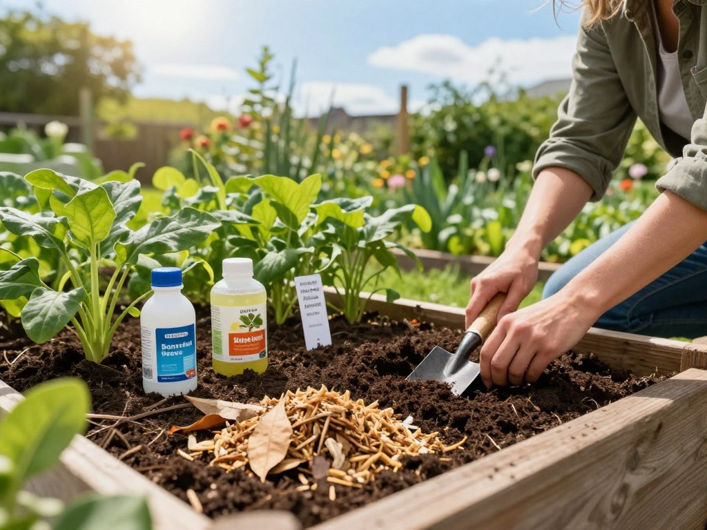 A lush garden scene showcasing natural plant nutrients and soil amendment techniques for fertilization. In the foreground, a wooden garden bed filled with rich, dark soil, where organic matter like compost, worm castings, and crushed leaves are visible. A gardener, dressed in modest casual clothing, is kneeling beside the bed, gently mixing the nutrients into the soil with a hand trowel. In the middle, vibrant green plants show signs of healthy growth, with a few labeled nutrient-rich supplements like bone meal and fish emulsion artfully arranged. The background features a bright blue sky filtering soft sunlight, enhancing the colors of the plants. The atmosphere is harmonious and inviting, suggesting a thriving ecosystem full of life. Use a wide-angle lens to capture the full depth of the garden, creating a warm and uplifting mood. A lush garden scene showcasing natural plant nutrients and soil amendment techniques for fertilization. In the foreground, a wooden garden bed filled with rich, dark soil, where organic matter like compost, worm castings, and crushed leaves are visible. A gardener, dressed in modest casual clothing, is kneeling beside the bed, gently mixing the nutrients into the soil with a hand trowel. In the middle, vibrant green plants show signs of healthy growth, with a few labeled nutrient-rich supplements like bone meal and fish emulsion artfully arranged. The background features a bright blue sky filtering soft sunlight, enhancing the colors of the plants. The atmosphere is harmonious and inviting, suggesting a thriving ecosystem full of life. Use a wide-angle lens to capture the full depth of the garden, creating a warm and uplifting mood.