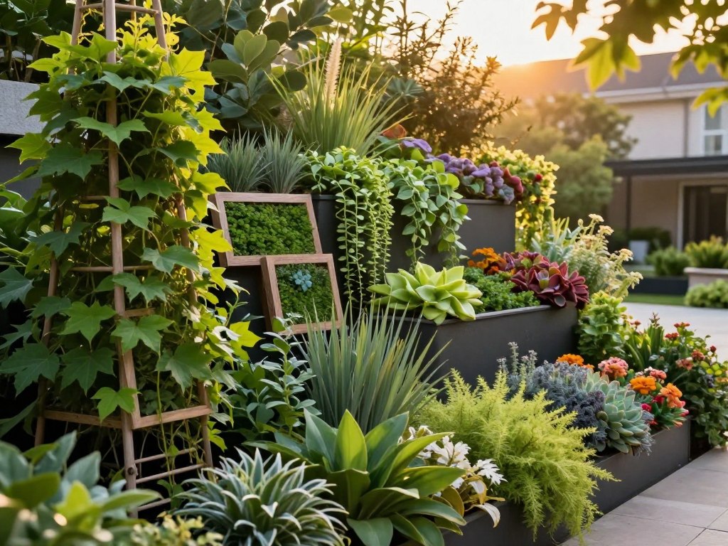A lush vertical garden filled with an array of vibrant plants, featuring leafy greens, colorful flowers, and aromatic herbs. In the foreground, a well-structured trellis supports a variety of climbers, interspersed with framed panels of greenery. The middle ground showcases a tiered vertical planter system, elegantly arranged with cascading vines and succulent varieties, emphasizing both utility and aesthetic appeal. In the background, a softly lit urban garden setting, with a warm golden hour glow filtering through the leaves, creating a serene atmosphere. The angle is slightly elevated, providing a panoramic view that accentuates the orderly layout of the garden. The overall mood is tranquil, inspiring, and inviting, ideal for a modern gardening approach.