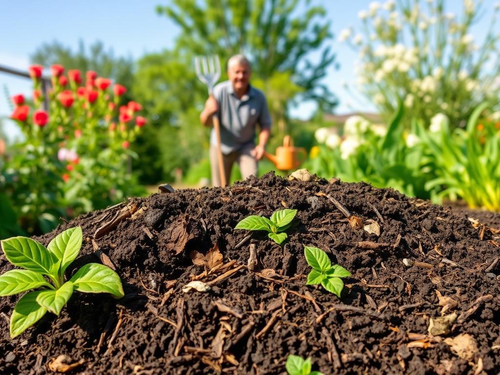 A lush, vibrant compost pile in the foreground, showcasing rich, dark soil mixed with textured organic materials like kitchen scraps, dried leaves, and grass clippings. Several healthy, thriving plants surround the compost, with green leaves glistening in the soft sunlight. In the middle ground, a gardener in modest casual clothing happily turns the compost with a pitchfork, surrounded by gardening tools and a watering can, emphasizing sustainable practices. The background features a serene garden setting with blooming flowers and trees gently swaying in a light breeze, under a clear blue sky. The overall mood is warm and inviting, with natural, diffused lighting that highlights the healthy, eco-friendly theme of composting. A lush, vibrant compost pile in the foreground, showcasing rich, dark soil mixed with textured organic materials like kitchen scraps, dried leaves, and grass clippings. Several healthy, thriving plants surround the compost, with green leaves glistening in the soft sunlight. In the middle ground, a gardener in modest casual clothing happily turns the compost with a pitchfork, surrounded by gardening tools and a watering can, emphasizing sustainable practices. The background features a serene garden setting with blooming flowers and trees gently swaying in a light breeze, under a clear blue sky. The overall mood is warm and inviting, with natural, diffused lighting that highlights the healthy, eco-friendly theme of composting.