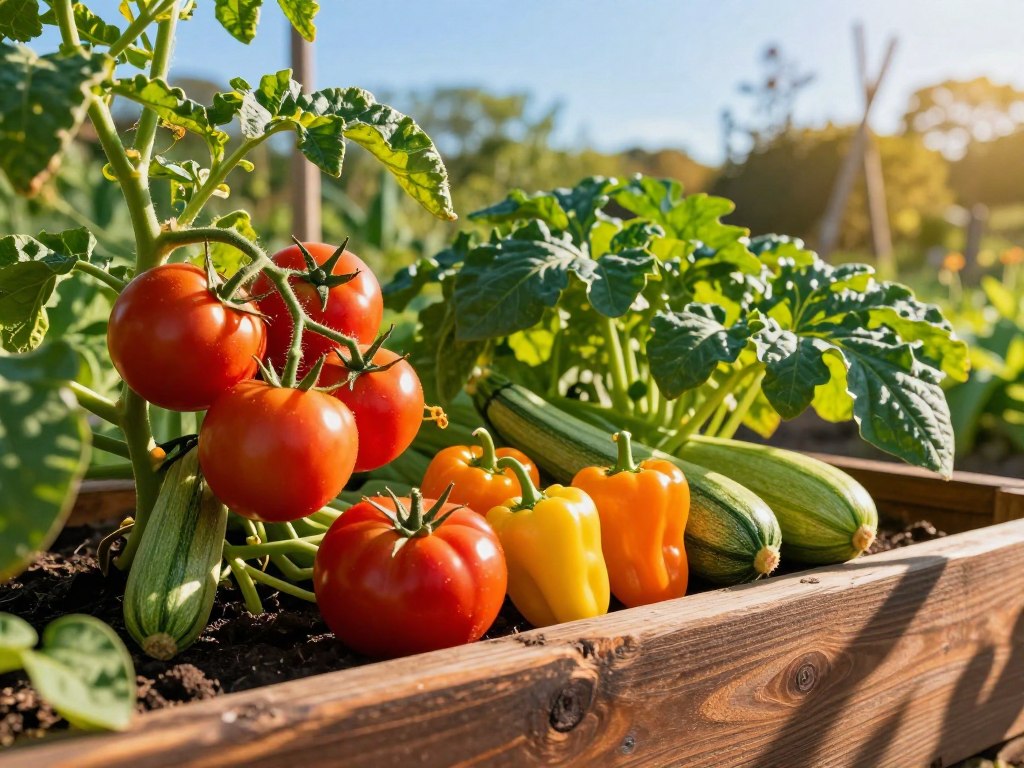 A picturesque raised garden bed filled with vibrant warm-season vegetables like tomatoes, peppers, and zucchini. In the foreground, plump red tomatoes hang from lush green vines, while bright yellow and orange peppers add a colorful contrast. The bed is made of rich, dark wood, showcasing the texture and grain. In the middle ground, leafy green zucchini plants thrive, their large leaves casting dappled shadows. The background features a lush garden, with a clear blue sky and soft, golden sunlight casting a warm glow over the scene. A shallow depth of field emphasizes the rich colors and textures of the vegetables, creating a serene and inviting atmosphere, perfect for gardening enthusiasts. A picturesque raised garden bed filled with vibrant warm-season vegetables like tomatoes, peppers, and zucchini. In the foreground, plump red tomatoes hang from lush green vines, while bright yellow and orange peppers add a colorful contrast. The bed is made of rich, dark wood, showcasing the texture and grain. In the middle ground, leafy green zucchini plants thrive, their large leaves casting dappled shadows. The background features a lush garden, with a clear blue sky and soft, golden sunlight casting a warm glow over the scene. A shallow depth of field emphasizes the rich colors and textures of the vegetables, creating a serene and inviting atmosphere, perfect for gardening enthusiasts.
