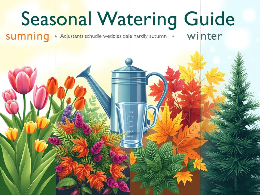 A seasonal watering guide illustrated for an article on plant care, showcasing four distinct sections representing spring, summer, autumn, and winter. In the foreground, vibrant plant species suited for each season, such as blooming tulips for spring, lush ferns for summer, colorful maple leaves for autumn, and hardy evergreens for winter. In the middle, a stylish watering can and measuring cup, artfully arranged, symbolizing adjustments in watering schedules. The background features a soft gradient, transitioning from a bright, sunny feel for summer to a cool, serene winter ambiance. Natural lighting enhances the colors, with focus on a shallow depth of field to highlight the plants and watering tools, creating an inviting, informative atmosphere. A seasonal watering guide illustrated for an article on plant care, showcasing four distinct sections representing spring, summer, autumn, and winter. In the foreground, vibrant plant species suited for each season, such as blooming tulips for spring, lush ferns for summer, colorful maple leaves for autumn, and hardy evergreens for winter. In the middle, a stylish watering can and measuring cup, artfully arranged, symbolizing adjustments in watering schedules. The background features a soft gradient, transitioning from a bright, sunny feel for summer to a cool, serene winter ambiance. Natural lighting enhances the colors, with focus on a shallow depth of field to highlight the plants and watering tools, creating an inviting, informative atmosphere.