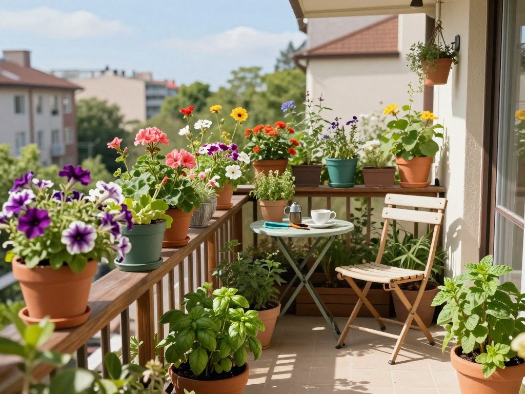 A serene balcony garden filled with vibrant, lush plants and herbs neatly arranged in colorful pots. The foreground shows a wooden railing adorned with a variety of flourishing flowers like petunias and geraniums, along with pots of basil and mint. In the middle, a small table with gardening tools set beside a charming, rustic chair invites relaxation. The background features a cityscape with softly blurred buildings under a clear blue sky, creating a sense of tranquility amidst urban life. Natural sunlight bathes the scene, casting gentle shadows and enhancing the vivid colors of the plants. The atmosphere is peaceful and inviting, perfect for enjoying a cup of tea while tending to the garden. A serene balcony garden filled with vibrant, lush plants and herbs neatly arranged in colorful pots. The foreground shows a wooden railing adorned with a variety of flourishing flowers like petunias and geraniums, along with pots of basil and mint. In the middle, a small table with gardening tools set beside a charming, rustic chair invites relaxation. The background features a cityscape with softly blurred buildings under a clear blue sky, creating a sense of tranquility amidst urban life. Natural sunlight bathes the scene, casting gentle shadows and enhancing the vivid colors of the plants. The atmosphere is peaceful and inviting, perfect for enjoying a cup of tea while tending to the garden.