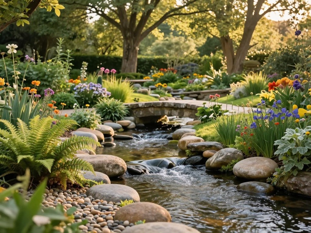 A serene garden landscape featuring a gentle stream flowing over smooth, rounded stones, surrounded by lush greenery and soft, flowering plants. In the foreground, small pebbles and delicate ferns create a natural border along the water's edge. The middle ground showcases a variety of plants, including vibrant wildflowers, and a gently arching stone bridge crosses the water. In the background, we see a grove of tall trees, their leaves rustling lightly in a soft breeze. The lighting is warm and diffused, reminiscent of golden hour, casting a peaceful glow over the scene. The overall atmosphere is tranquil and inviting, perfect for relaxation and reflection. A serene garden landscape featuring a gentle stream flowing over smooth, rounded stones, surrounded by lush greenery and soft, flowering plants. In the foreground, small pebbles and delicate ferns create a natural border along the water's edge. The middle ground showcases a variety of plants, including vibrant wildflowers, and a gently arching stone bridge crosses the water. In the background, we see a grove of tall trees, their leaves rustling lightly in a soft breeze. The lighting is warm and diffused, reminiscent of golden hour, casting a peaceful glow over the scene. The overall atmosphere is tranquil and inviting, perfect for relaxation and reflection.