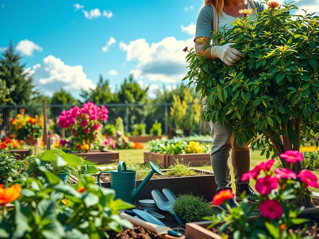 A serene garden scene depicting a variety of vibrant plants and flowers in full bloom, showcasing essential garden maintenance tips. In the foreground, a gardener in modest casual clothing is gently pruning a bush, surrounded by gardening tools like gloves, a watering can, and a trowel. In the middle, there are raised garden beds with healthy vegetables and herbs, illustrating an organized and thriving garden project. The background features a bright blue sky with fluffy white clouds, casting soft, warm sunlight over the entire scene. The atmosphere is peaceful and inviting, conveying a sense of accomplishment and care, perfect for illustrating garden aftercare and maintenance tips. The image should have a natural focus and a slight depth of field, ensuring the foreground is crisp and the background softly blurred. A serene garden scene depicting a variety of vibrant plants and flowers in full bloom, showcasing essential garden maintenance tips. In the foreground, a gardener in modest casual clothing is gently pruning a bush, surrounded by gardening tools like gloves, a watering can, and a trowel. In the middle, there are raised garden beds with healthy vegetables and herbs, illustrating an organized and thriving garden project. The background features a bright blue sky with fluffy white clouds, casting soft, warm sunlight over the entire scene. The atmosphere is peaceful and inviting, conveying a sense of accomplishment and care, perfect for illustrating garden aftercare and maintenance tips. The image should have a natural focus and a slight depth of field, ensuring the foreground is crisp and the background softly blurred.