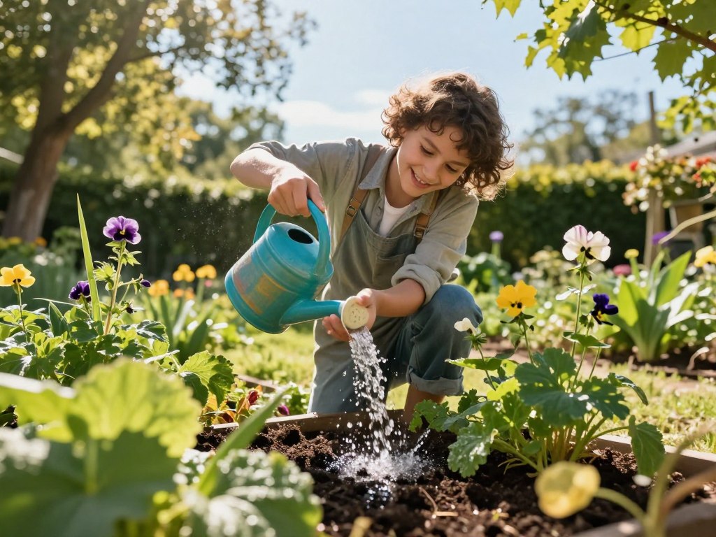 A serene garden scene focusing on a beginner gardener, wearing modest casual clothing, carefully watering a vibrant variety of plants using a colorful watering can. The foreground features lush green leaves and freshly watered soil glistening in the sunlight. In the middle, a joyful expression on the gardener's face showcases engagement with the task, while small, delicate flowers bloom around the plants. The background consists of sun-dappled trees and a clear blue sky, creating a peaceful atmosphere. Soft, warm lighting enhances the natural colors of the plants and the gardener, captured from a slightly low angle to emphasize the act of watering and provide depth to the garden scene. A serene garden scene focusing on a beginner gardener, wearing modest casual clothing, carefully watering a vibrant variety of plants using a colorful watering can. The foreground features lush green leaves and freshly watered soil glistening in the sunlight. In the middle, a joyful expression on the gardener's face showcases engagement with the task, while small, delicate flowers bloom around the plants. The background consists of sun-dappled trees and a clear blue sky, creating a peaceful atmosphere. Soft, warm lighting enhances the natural colors of the plants and the gardener, captured from a slightly low angle to emphasize the act of watering and provide depth to the garden scene.