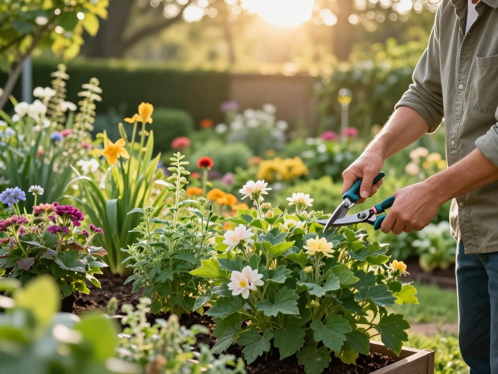 A serene garden scene illustrating the art of natural plant growth through pruning techniques. In the foreground, a gardener, dressed in professional, modest casual clothing, carefully trims a robust green plant with blooming flowers, showcasing various pruning tools like scissors and shears. The middle features a vibrant assortment of plants, including herbs and flowering shrubs, all demonstrating healthy growth patterns resulting from proper pruning. In the background, sunlight filters through tall trees, casting a warm, golden glow over the garden, enhancing the lush greens and floral colors. Soft focus highlights the vibrant details, creating a tranquil and hopeful atmosphere that emphasizes the beauty and benefits of skilled pruning for plant health.