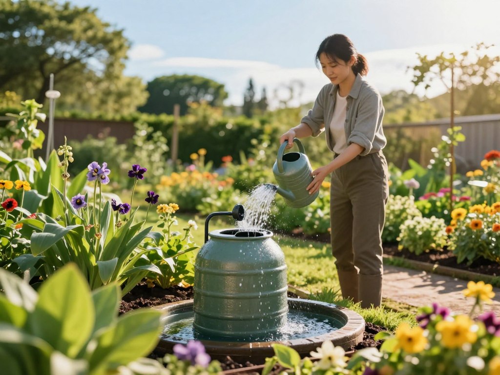 A serene garden scene showcasing effective water-saving techniques for plants. In the foreground, vibrant green leaves and colorful flowers thrives surrounding a meticulously positioned rain barrel, collecting fresh rainfall. The middle ground features a gardener in modest casual clothing, carefully watering plants from the rain barrel using a soft, gentle watering can. The background includes lush trees under a clear blue sky, with soft sunlight illuminating the entire scene, casting warm hues and gentle shadows. The atmosphere is tranquil and environmentally friendly, evoking a sense of harmony between nature and sustainable gardening practices. The composition captures the essence of eco-friendly plant care with focus and clarity, ensuring an inviting and instructional feel. A serene garden scene showcasing effective water-saving techniques for plants. In the foreground, vibrant green leaves and colorful flowers thrives surrounding a meticulously positioned rain barrel, collecting fresh rainfall. The middle ground features a gardener in modest casual clothing, carefully watering plants from the rain barrel using a soft, gentle watering can. The background includes lush trees under a clear blue sky, with soft sunlight illuminating the entire scene, casting warm hues and gentle shadows. The atmosphere is tranquil and environmentally friendly, evoking a sense of harmony between nature and sustainable gardening practices. The composition captures the essence of eco-friendly plant care with focus and clarity, ensuring an inviting and instructional feel.