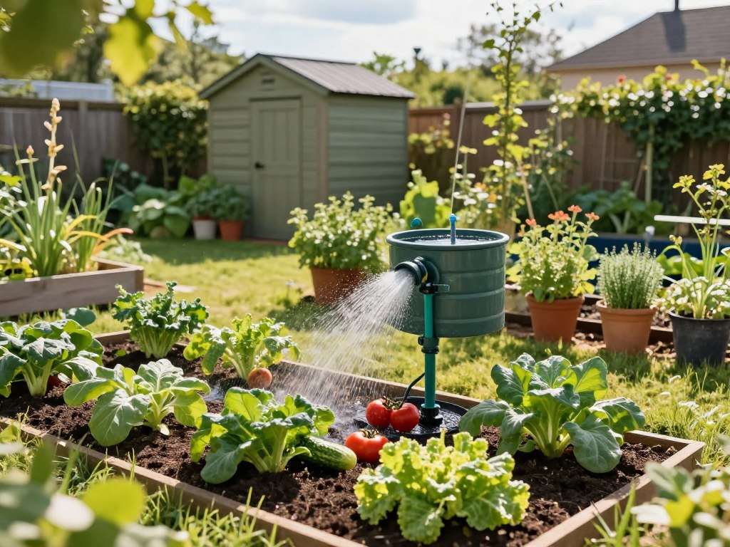 A serene garden scene that showcases efficient watering techniques for a budget garden. In the foreground, a small, well-tended vegetable patch with vibrant tomatoes, cucumbers, and leafy greens, being watered with a drip irrigation system. In the middle, a homemade rain barrel collecting water, surrounded by thriving herbs in pots. The background features a cozy garden shed and a fence adorned with climbing plants, under a bright, sunny sky. Soft, warm natural lighting bathes the scene, highlighting the textures of the foliage and soil. The atmosphere is peaceful and inspiring, perfect for small-space gardening enthusiasts. The angle is slightly elevated, offering a comprehensive view of the garden layout without any human subjects or text overlays. A serene garden scene that showcases efficient watering techniques for a budget garden. In the foreground, a small, well-tended vegetable patch with vibrant tomatoes, cucumbers, and leafy greens, being watered with a drip irrigation system. In the middle, a homemade rain barrel collecting water, surrounded by thriving herbs in pots. The background features a cozy garden shed and a fence adorned with climbing plants, under a bright, sunny sky. Soft, warm natural lighting bathes the scene, highlighting the textures of the foliage and soil. The atmosphere is peaceful and inspiring, perfect for small-space gardening enthusiasts. The angle is slightly elevated, offering a comprehensive view of the garden layout without any human subjects or text overlays.