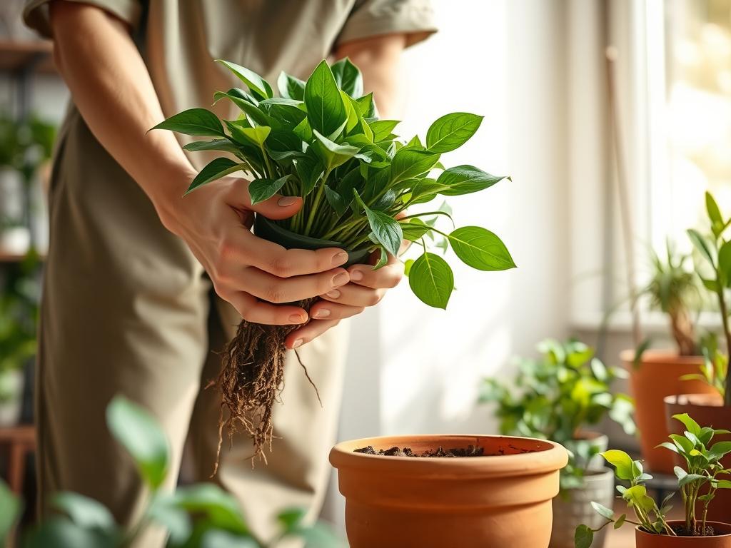 A serene indoor scene featuring a person in modest casual clothing gently removing a houseplant from its pot. The foreground showcases the person's hands delicately cradling the roots of a lush green plant, ensuring minimal disturbance. The middle ground highlights an earthy clay pot, partially filled with soil, hinting at the process of repotting. In the background, soft, natural light filters in through a nearby window, casting gentle shadows and creating a warm, inviting atmosphere. Surrounding the scene are various potted plants, adding a vibrant touch to the composition. The overall mood conveys care and tranquility, emphasizing the gentle approach to plant removal while maintaining focus on the task at hand. A serene indoor scene featuring a person in modest casual clothing gently removing a houseplant from its pot. The foreground showcases the person's hands delicately cradling the roots of a lush green plant, ensuring minimal disturbance. The middle ground highlights an earthy clay pot, partially filled with soil, hinting at the process of repotting. In the background, soft, natural light filters in through a nearby window, casting gentle shadows and creating a warm, inviting atmosphere. Surrounding the scene are various potted plants, adding a vibrant touch to the composition. The overall mood conveys care and tranquility, emphasizing the gentle approach to plant removal while maintaining focus on the task at hand.