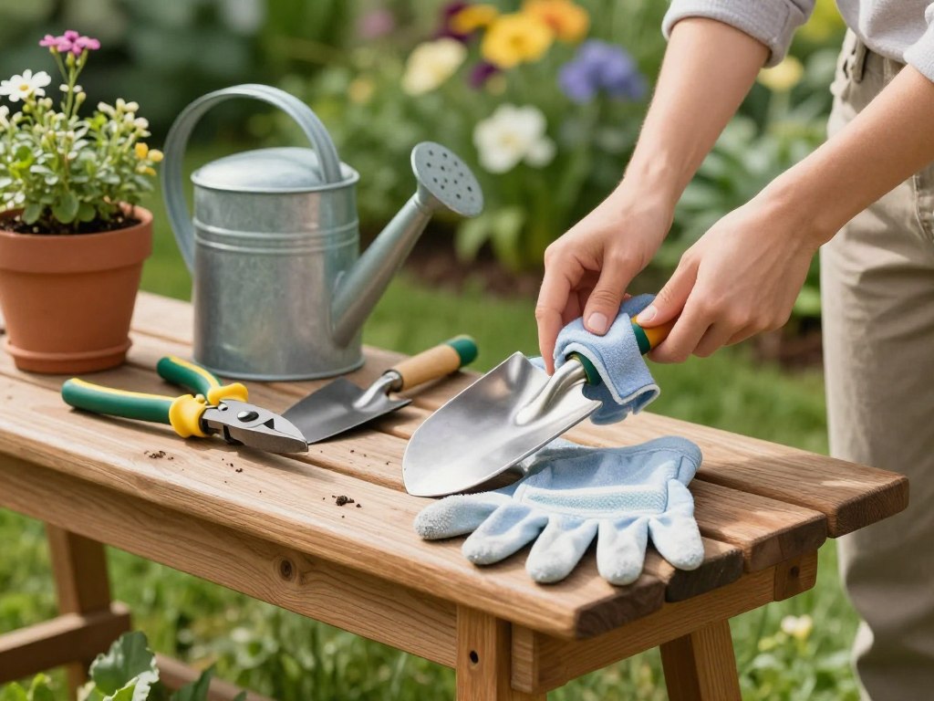 A serene outdoor setting featuring a wooden gardening bench in the foreground, adorned with various gardening tools like pruners, trowels, and gloves, all neatly organized. A person dressed in modest casual clothing is carefully cleaning a shiny, stainless-steel spade with a soft cloth, showcasing proper maintenance techniques. The middle ground includes potted plants and a watering can, emphasizing a well-tended garden area. In the background, lush greenery and blooming flowers create a vibrant, inviting atmosphere. Soft, natural lighting illuminates the scene, casting gentle shadows and enhancing the colors of the tools and plants. The image conveys a sense of calm and dedication to gardening, perfect for beginners eager to maintain their tools. A serene outdoor setting featuring a wooden gardening bench in the foreground, adorned with various gardening tools like pruners, trowels, and gloves, all neatly organized. A person dressed in modest casual clothing is carefully cleaning a shiny, stainless-steel spade with a soft cloth, showcasing proper maintenance techniques. The middle ground includes potted plants and a watering can, emphasizing a well-tended garden area. In the background, lush greenery and blooming flowers create a vibrant, inviting atmosphere. Soft, natural lighting illuminates the scene, casting gentle shadows and enhancing the colors of the tools and plants. The image conveys a sense of calm and dedication to gardening, perfect for beginners eager to maintain their tools.
