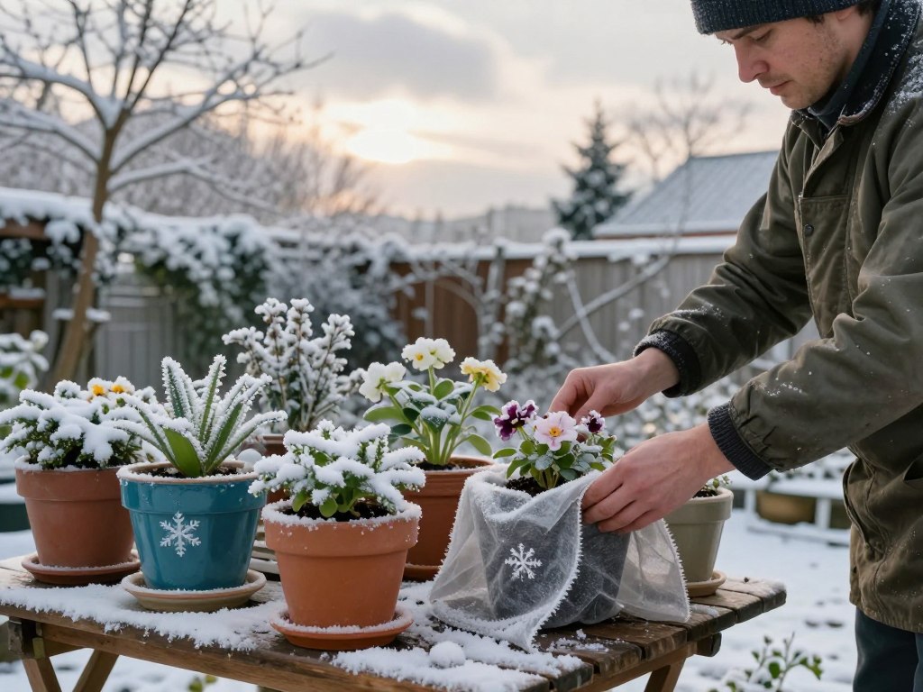 A serene winter garden scene showcasing a gardener in modest casual clothing, gently caring for potted plants protected from frost and snow. In the foreground, a pair of hands is seen carefully placing frost cloths over delicate flowers. The middle ground features various colorful ceramic pots arranged on a wooden table, some adorned with delicate snowflakes. The background reveals trees dusted in white, with a soft gray sky filtering warm morning light through thin clouds. The mood is tranquil and nurturing, evoking a sense of diligence and warmth in the colder months. The lighting is soft and diffused, enhancing the peaceful atmosphere of winter plant care. A serene winter garden scene showcasing a gardener in modest casual clothing, gently caring for potted plants protected from frost and snow. In the foreground, a pair of hands is seen carefully placing frost cloths over delicate flowers. The middle ground features various colorful ceramic pots arranged on a wooden table, some adorned with delicate snowflakes. The background reveals trees dusted in white, with a soft gray sky filtering warm morning light through thin clouds. The mood is tranquil and nurturing, evoking a sense of diligence and warmth in the colder months. The lighting is soft and diffused, enhancing the peaceful atmosphere of winter plant care.