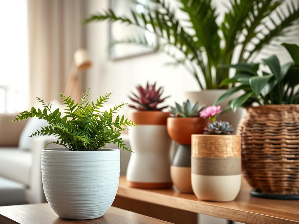 A stylish arrangement of decorative pots for indoor plants, featuring a variety of materials such as ceramic, terracotta, and woven rattan. In the foreground, a sleek white ceramic pot with subtle textures holds a lush green fern. The middle layer showcases a couple of terracotta pots with colorful succulents and flowers, elegantly positioned on a minimalist wooden shelf. In the background, a softly lit living space with neutral tones and natural light filtering through sheer curtains creates a warm, inviting atmosphere. The overall mood is cozy and harmonious, emphasizing a refined home aesthetic. Use soft, diffused lighting to highlight the textures of the pots and greenery, capturing the essence of stylish indoor decor, focused from a slightly elevated angle. A stylish arrangement of decorative pots for indoor plants, featuring a variety of materials such as ceramic, terracotta, and woven rattan. In the foreground, a sleek white ceramic pot with subtle textures holds a lush green fern. The middle layer showcases a couple of terracotta pots with colorful succulents and flowers, elegantly positioned on a minimalist wooden shelf. In the background, a softly lit living space with neutral tones and natural light filtering through sheer curtains creates a warm, inviting atmosphere. The overall mood is cozy and harmonious, emphasizing a refined home aesthetic. Use soft, diffused lighting to highlight the textures of the pots and greenery, capturing the essence of stylish indoor decor, focused from a slightly elevated angle.