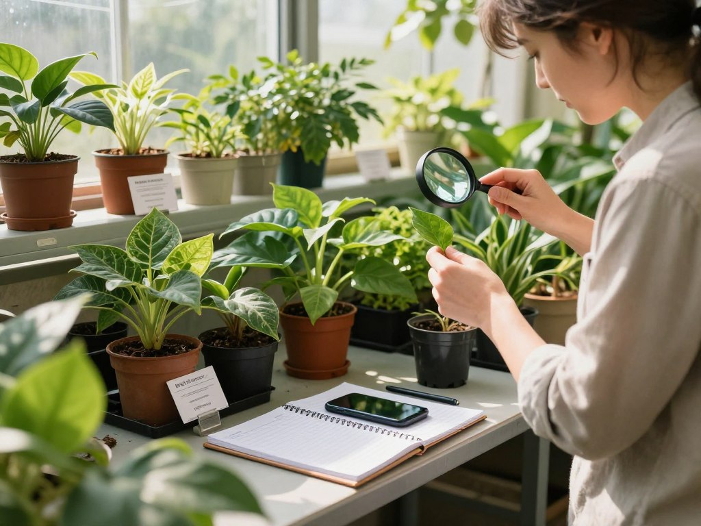 A sunny greenhouse interior filled with vibrant green plants, showcasing a meticulous plant monitoring routine. In the foreground, a person wearing modest casual clothing is inspecting a leaf with a magnifying glass, demonstrating keen attention to detail. In the middle ground, shelves lined with various potted plants display signs of healthy growth, while a nearby table holds diagnostic tools like notepads, a smartphone, and a pH meter. The background features large windows allowing warm sunlight to filter through, creating a bright and inviting atmosphere. The image captures a sense of purpose and diligence, ideal for illustrating the process of early plant disease identification. Soft shadows fill the space, and the overall composition has a warm, nurturing feel, emphasizing the importance of caring for plants. A sunny greenhouse interior filled with vibrant green plants, showcasing a meticulous plant monitoring routine. In the foreground, a person wearing modest casual clothing is inspecting a leaf with a magnifying glass, demonstrating keen attention to detail. In the middle ground, shelves lined with various potted plants display signs of healthy growth, while a nearby table holds diagnostic tools like notepads, a smartphone, and a pH meter. The background features large windows allowing warm sunlight to filter through, creating a bright and inviting atmosphere. The image captures a sense of purpose and diligence, ideal for illustrating the process of early plant disease identification. Soft shadows fill the space, and the overall composition has a warm, nurturing feel, emphasizing the importance of caring for plants.