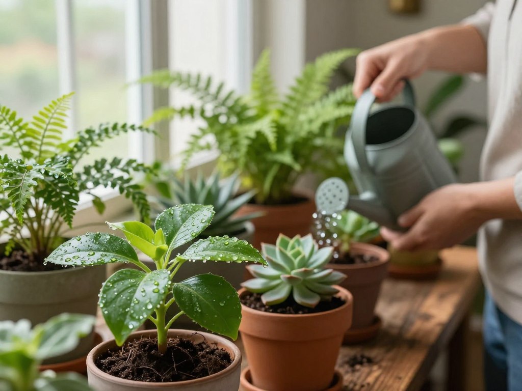 A tranquil indoor scene showcasing a person tending to newly potted plants, immersed in the nurturing process of watering them. In the foreground, a close-up of vibrant green leaves glistening with fresh water droplets, emphasizing moisture and care. The middle ground features a diverse array of newly potted plants in small pots, showcasing different types, such as succulents and ferns, in rich earthy tones. The background portrays a softly blurred window with natural light filtering through sheer curtains, creating a warm, inviting atmosphere. The person, dressed in modest casual clothing, gently waters the plants using a stylish watering can, conveying a sense of calm and dedication. The soft lighting enhances the greenery and the rich textures of the soil, evoking a peaceful mood of growth and nurturing. A tranquil indoor scene showcasing a person tending to newly potted plants, immersed in the nurturing process of watering them. In the foreground, a close-up of vibrant green leaves glistening with fresh water droplets, emphasizing moisture and care. The middle ground features a diverse array of newly potted plants in small pots, showcasing different types, such as succulents and ferns, in rich earthy tones. The background portrays a softly blurred window with natural light filtering through sheer curtains, creating a warm, inviting atmosphere. The person, dressed in modest casual clothing, gently waters the plants using a stylish watering can, conveying a sense of calm and dedication. The soft lighting enhances the greenery and the rich textures of the soil, evoking a peaceful mood of growth and nurturing.