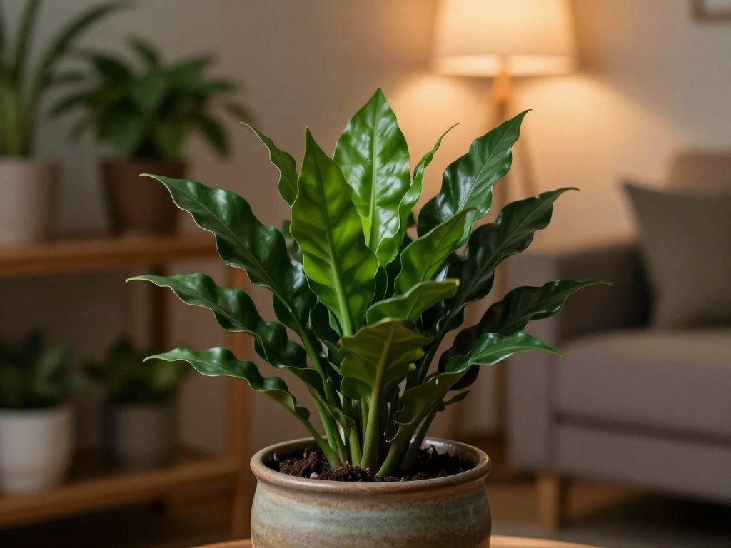 A vibrant ZZ plant with lush, dark green, glossy leaves, filling the foreground of a low-light indoor environment. The plant is potted in a textured ceramic pot with soft earth tones, complementing its rich foliage. In the middle ground, an elegant wooden shelf holds other low-light plants, adding warmth to the scene. The background is softly blurred, featuring cozy, dimly lit room elements like a soft couch and a warm-toned lamp casting gentle light. The overall atmosphere is peaceful and serene, embodying a sense of tranquility and resilience. Shot with a shallow depth of field, the image captures intricate details of the ZZ plant’s leaves while maintaining a soft-focus on surrounding elements, enhancing the focus on the thriving plant. A vibrant ZZ plant with lush, dark green, glossy leaves, filling the foreground of a low-light indoor environment. The plant is potted in a textured ceramic pot with soft earth tones, complementing its rich foliage. In the middle ground, an elegant wooden shelf holds other low-light plants, adding warmth to the scene. The background is softly blurred, featuring cozy, dimly lit room elements like a soft couch and a warm-toned lamp casting gentle light. The overall atmosphere is peaceful and serene, embodying a sense of tranquility and resilience. Shot with a shallow depth of field, the image captures intricate details of the ZZ plant’s leaves while maintaining a soft-focus on surrounding elements, enhancing the focus on the thriving plant.