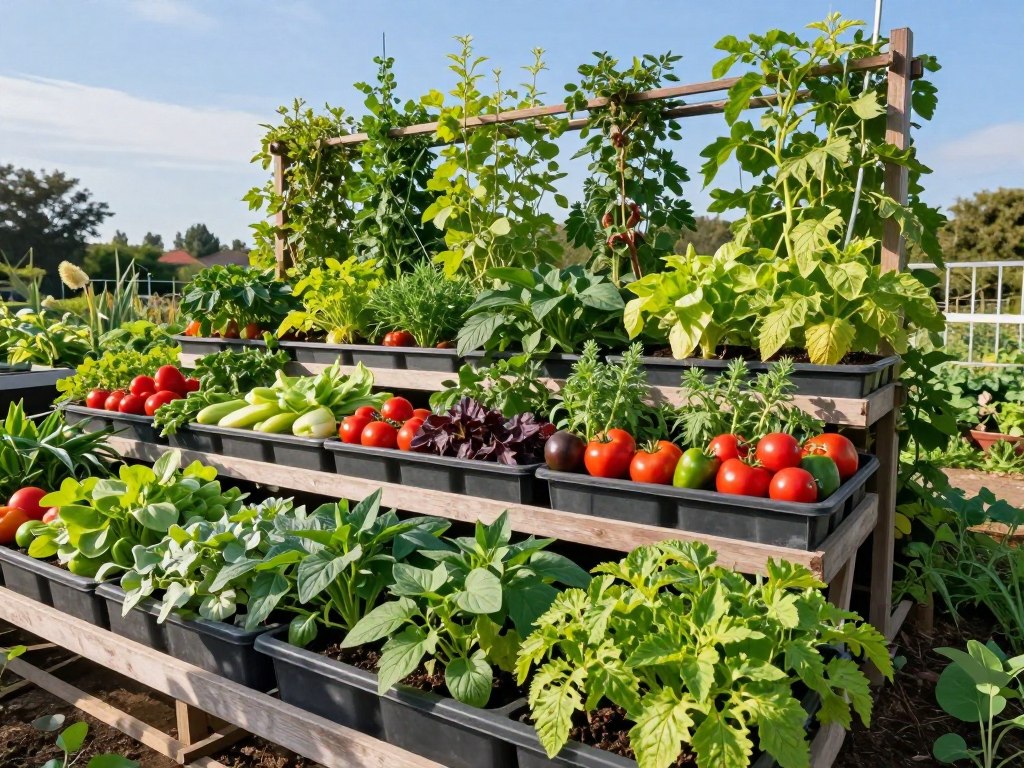 A vibrant and lush vertical gardening setup featuring a series of multi-tiered containers filled with a variety of colorful vegetables, such as tomatoes, peppers, and herbs. In the foreground, the containers are arranged neatly, showcasing healthy plants with rich greenery and ripe produce. The middle layer presents a trellis adorned with climbing plants, adding depth and texture to the scene. In the background, a sunny garden setting with a clear blue sky and a few distant trees creates a warm and inviting atmosphere. The lighting is bright and natural, highlighting the vivid colors of the vegetables. The camera angle is slightly elevated, offering a bird's-eye view of the vertical gardening arrangement, evoking a sense of abundance and gardening success. A vibrant and lush vertical gardening setup featuring a series of multi-tiered containers filled with a variety of colorful vegetables, such as tomatoes, peppers, and herbs. In the foreground, the containers are arranged neatly, showcasing healthy plants with rich greenery and ripe produce. The middle layer presents a trellis adorned with climbing plants, adding depth and texture to the scene. In the background, a sunny garden setting with a clear blue sky and a few distant trees creates a warm and inviting atmosphere. The lighting is bright and natural, highlighting the vivid colors of the vegetables. The camera angle is slightly elevated, offering a bird's-eye view of the vertical gardening arrangement, evoking a sense of abundance and gardening success.
