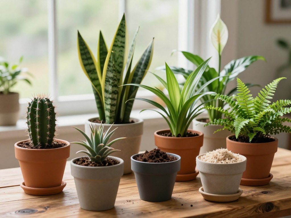 A vibrant assortment of indoor plants known for their air-purifying qualities, displayed in various types of soil and potting mixes on a rustic wooden table. In the foreground, include pots with diverse soil textures, such as a well-draining cactus mix, a rich organic potting soil, and a light aerated mix for ferns. The middle ground showcases healthy, thriving plants like Snake Plant, Spider Plant, and Peace Lily, with lush green leaves. In the background, a softly blurred window lets in gentle, natural light, creating a serene atmosphere. The overall mood should evoke tranquility and freshness, emphasizing the importance of soil quality for plant health. Use a warm, inviting color palette and soft focus for a cozy indoor environment. A vibrant assortment of indoor plants known for their air-purifying qualities, displayed in various types of soil and potting mixes on a rustic wooden table. In the foreground, include pots with diverse soil textures, such as a well-draining cactus mix, a rich organic potting soil, and a light aerated mix for ferns. The middle ground showcases healthy, thriving plants like Snake Plant, Spider Plant, and Peace Lily, with lush green leaves. In the background, a softly blurred window lets in gentle, natural light, creating a serene atmosphere. The overall mood should evoke tranquility and freshness, emphasizing the importance of soil quality for plant health. Use a warm, inviting color palette and soft focus for a cozy indoor environment.