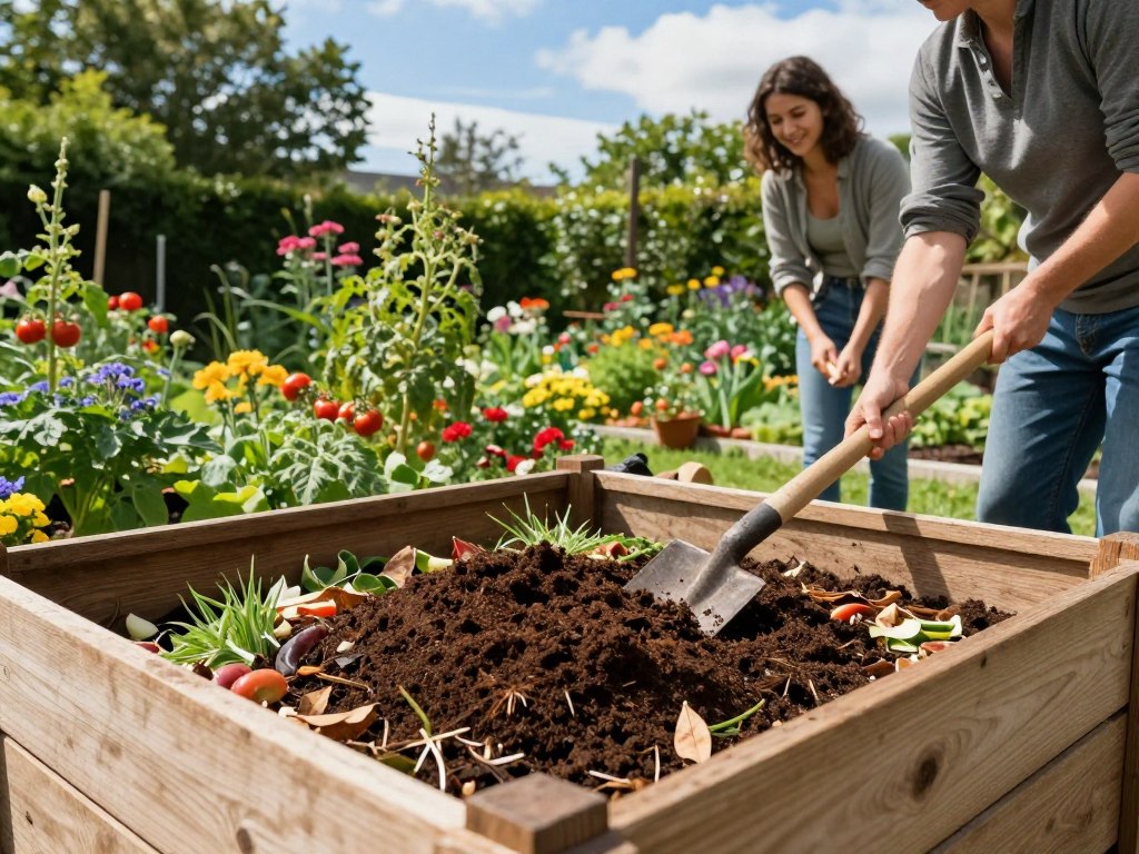 A vibrant backyard composting scene, capturing the essence of natural fertilization. In the foreground, a well-constructed wooden compost bin brimming with rich, dark compost, showcasing layers of kitchen scraps, dry leaves, and grass clippings. A couple, dressed in modest casual clothing, can be seen tending to the compost, joyfully turning the mixture with a pitchfork. In the middle ground, a lush, green garden thrives, featuring a variety of plants, including tomatoes, herbs, and flowering plants, reflecting the health benefits of compost. The background shows a sunny day with a clear blue sky, surrounded by colorful flowers and tall trees, creating a warm, inviting atmosphere. Soft, natural lighting enhances the colors, giving a fresh and wholesome feel to the scene. A vibrant backyard composting scene, capturing the essence of natural fertilization. In the foreground, a well-constructed wooden compost bin brimming with rich, dark compost, showcasing layers of kitchen scraps, dry leaves, and grass clippings. A couple, dressed in modest casual clothing, can be seen tending to the compost, joyfully turning the mixture with a pitchfork. In the middle ground, a lush, green garden thrives, featuring a variety of plants, including tomatoes, herbs, and flowering plants, reflecting the health benefits of compost. The background shows a sunny day with a clear blue sky, surrounded by colorful flowers and tall trees, creating a warm, inviting atmosphere. Soft, natural lighting enhances the colors, giving a fresh and wholesome feel to the scene.